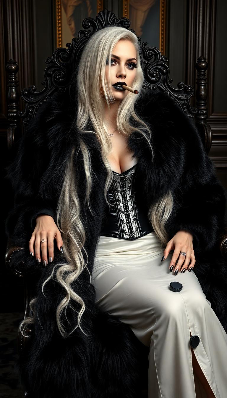 Thick heavy voluminous Stark White hair falling down her back. Mid 30s pale skinned vampire queen. Clad in a thick luxurious black fur coat. Beneath the coat she wears a shiny white latex corset and shiny white latex slit skirt. Makeup is heavy and gothic, nails and lips are painted shiny black. Reclining on a Victorian-era throne in a Victorian-era parlour. Smoking a slim cigar
