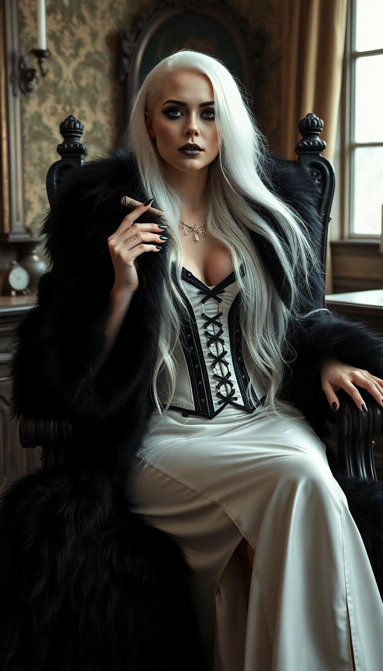 Thick heavy voluminous Stark White hair falling down her back. Mid 30s pale skinned vampire queen. Clad in a thick luxurious black fur coat. Beneath the coat she wears a shiny white latex corset and shiny white latex slit skirt. Makeup is heavy and gothic, nails and lips are painted shiny black. Reclining on a Victorian-era throne in a Victorian-era parlour. Smoking a slim cigar