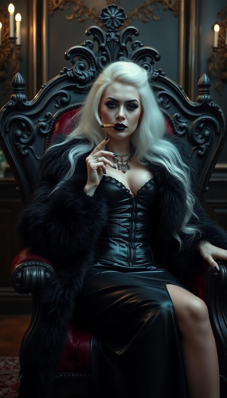 A striking mid-30s vampire queen with pale, porcelain skin and thick, voluminous stark white hair cascading down her back reclines on an ornate Victorian-era throne in a dimly lit Victorian parlour, exuding dark elegance. She wears a luxurious black fur coat over a shiny black latex corset and a shiny black latex slit skirt, her heavy gothic makeup, shiny black lips, and nails adding a menacing allure as she smokes a slim cigar. The scene is captured in photorealistic detail with cinematic lighting, soft shadows, and a shallow depth of field, reminiscent of a high-end 8K DSLR shot.