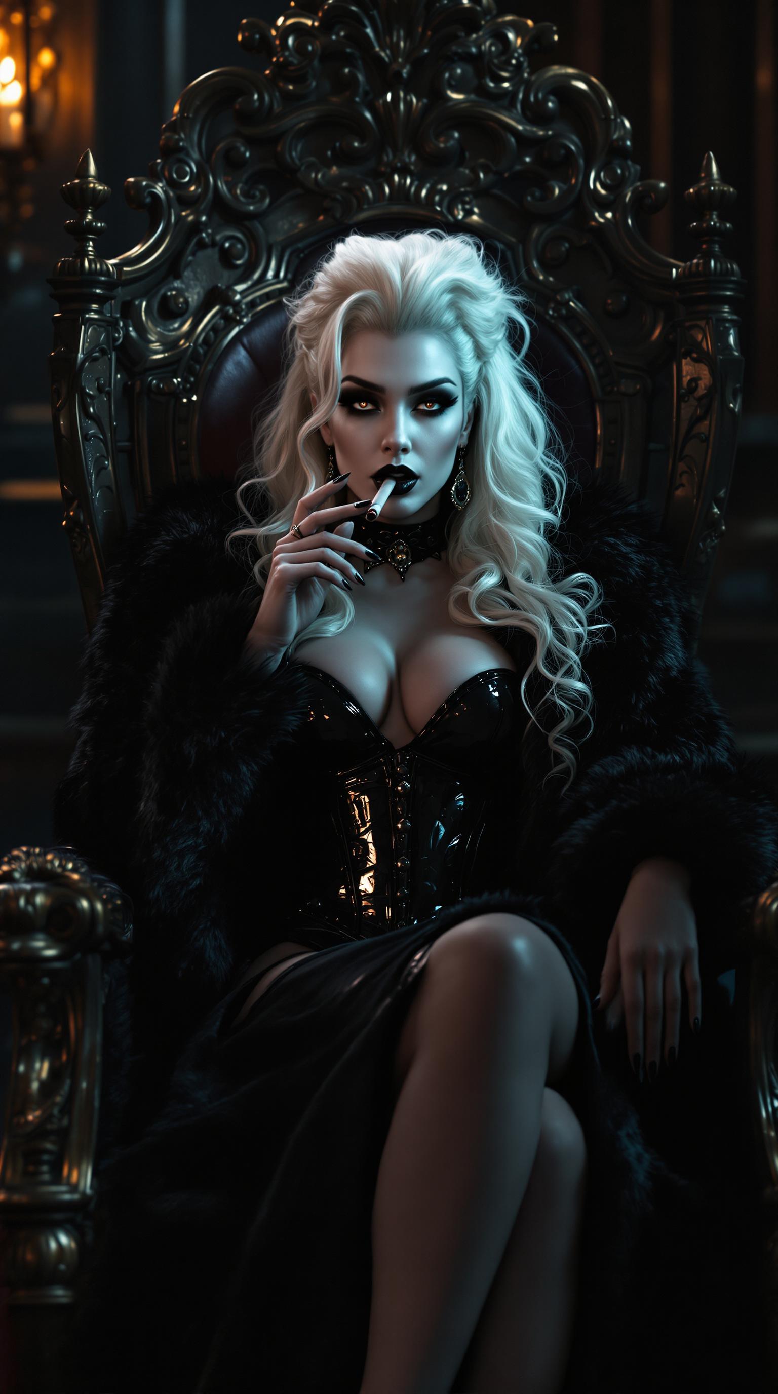 A striking mid-30s vampire queen with pale, porcelain skin and thick, voluminous stark white hair cascading down her back reclines on an ornate Victorian-era throne in a dimly lit Victorian parlour, exuding dark elegance. She wears a luxurious black fur coat over a shiny black latex corset and a slit skirt, her heavy gothic makeup, shiny black lips, and nails enhancing her menacing allure as she smokes a slim cigar. Captured in photorealistic detail with cinematic lighting, soft shadows, a shallow depth of field, and the precision of an 8K DSLR shot using a 50mm lens, the scene radiates haunting sophistication.