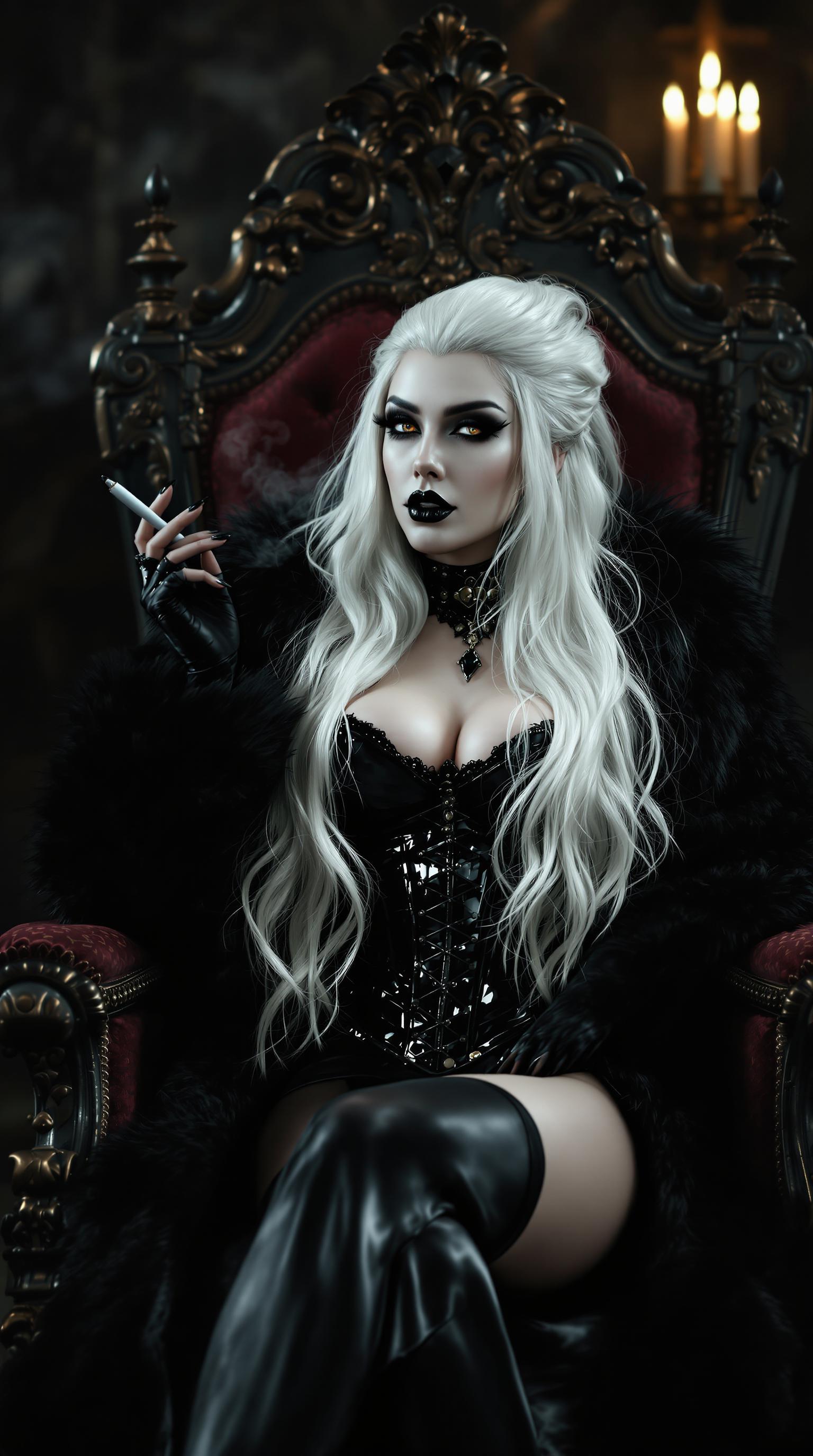 A striking mid-30s vampire queen with pale, porcelain skin and thick, voluminous stark white hair cascading down her back reclines on an ornate Victorian-era throne in a dimly lit Victorian parlour, exuding dark elegance. She wears a luxurious black fur coat over a shiny black latex corset and a slit skirt, her heavy gothic makeup, shiny black lips, and nails enhancing her menacing allure as she smokes a slim cigaretteina long cigarette holder. Captured in photorealistic detail with cinematic lighting, soft shadows, a shallow depth of field, and the precision of an 8K DSLR shot using a 50mm lens, the scene radiates haunting sophistication.
