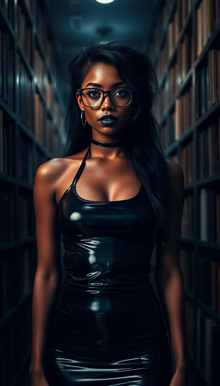 A striking young Black woman in her early 20s stands in a dimly lit library, surrounded by towering bookshelves, dressed in a tight, shiny black latex halter top and a matching mini-length skirt that catch the faint light. Her long, frizzy black hair frames her face, accentuating her sky-blue eyes behind thick glasses, while heavy goth makeup with bold black lipstick adds a dramatic edge. Captured in a cinematic DSLR style with a 50mm lens, the image boasts 8K detail and a moody, atmospheric vibe.