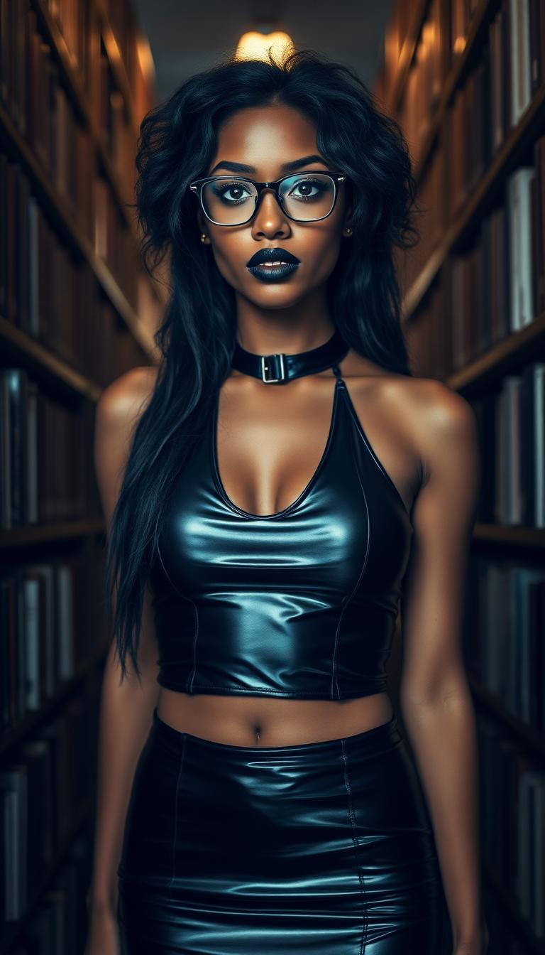 A striking young Black woman in her early 20s stands in a dimly lit library, surrounded by towering bookshelves, dressed in a tight, shiny black latex halter top and a matching mini-length skirt that catch the faint light. Her long, frizzy black hair frames her face, accentuating her sky-blue eyes behind thick glasses, while heavy goth makeup with bold black lipstick adds a dramatic edge. Captured in a cinematic DSLR style with a 50mm lens, the image boasts 8K detail and a moody, atmospheric vibe.