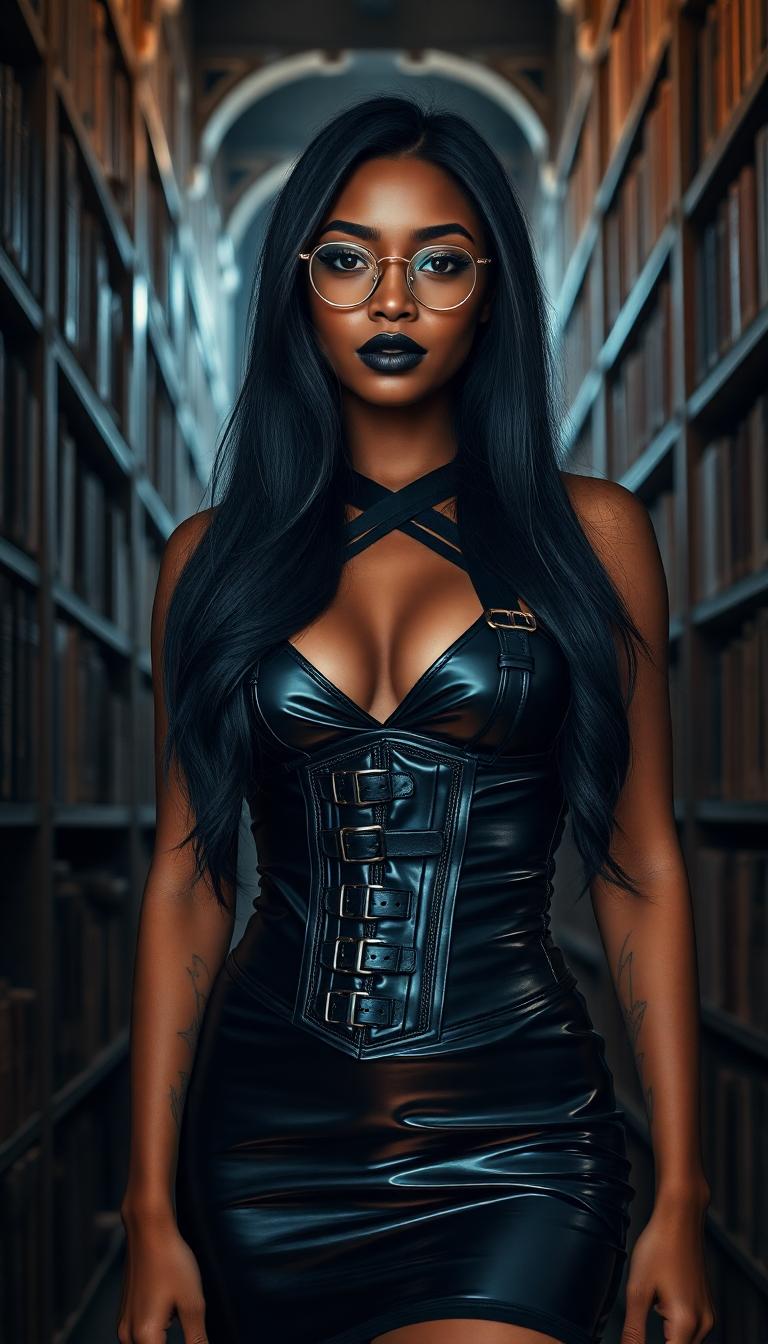 A striking young Black woman in her early 20s stands confidently in a dimly lit library, surrounded by towering, ancient bookshelves heavy with dusty tomes, wearing a tight, shiny black latex halter corset top with straps and buckles, paired with a matching latex mini skirt that catches the faint, ambient light. Her long, silky black hair cascades around her face, accentuating piercing sky-blue eyes behind slim round-framed glasses, while bold goth makeup with black lipstick and slim. Captured with a cinematic DSLR style using a 50mm lens, this 8K image radiates a moody, atmospheric vibe with soft shadows, subtle warm highlights, and a shallow depth of field. She is covered black Samoan style tribal tattoos 