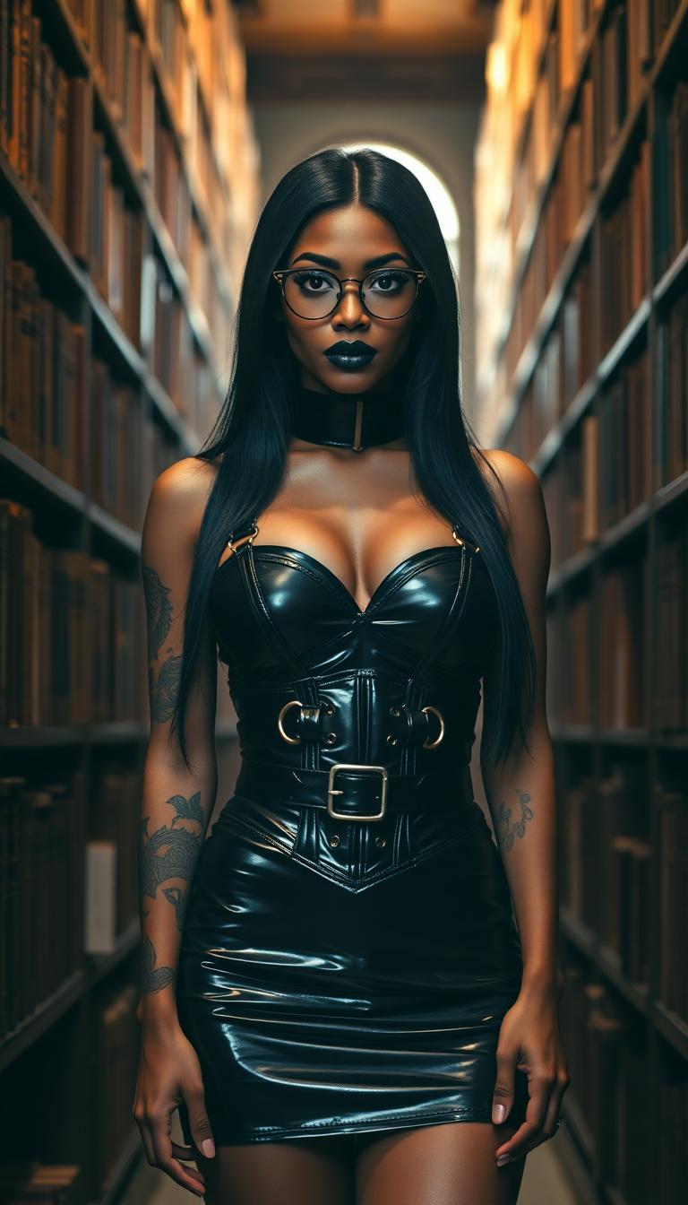A striking young Black woman in her early 20s stands confidently in a dimly lit library, surrounded by towering, ancient bookshelves heavy with dusty tomes, wearing a tight, shiny black latex halter corset top with straps and buckles, paired with a matching latex mini skirt that catches the faint, ambient light. Her long, silky black hair cascades around her face, accentuating piercing sky-blue eyes behind slim round-framed glasses, while bold goth makeup with black lipstick and slim. Captured with a cinematic DSLR style using a 50mm lens, this 8K image radiates a moody, atmospheric vibe with soft shadows, subtle warm highlights, and a shallow depth of field. She is covered black Samoan style tribal tattoos 