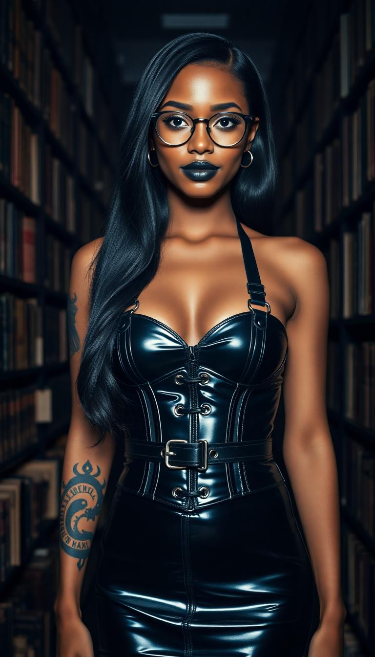 A striking young Black woman in her early 20s stands confidently in a dimly lit library, surrounded by towering, ancient bookshelves heavy with dusty tomes, wearing a tight, shiny black latex halter corset top with straps and buckles, paired with a matching latex mini skirt that catches the faint, ambient light. Her long, silky black hair cascades around her face, accentuating piercing sky-blue eyes behind slim round-framed glasses, while bold goth makeup with black lipstick and slim. Captured with a cinematic DSLR style using a 50mm lens, this 8K image radiates a moody, atmospheric vibe with soft shadows, subtle warm highlights, and a shallow depth of field. She is covered black Samoan style tribal tattoos 