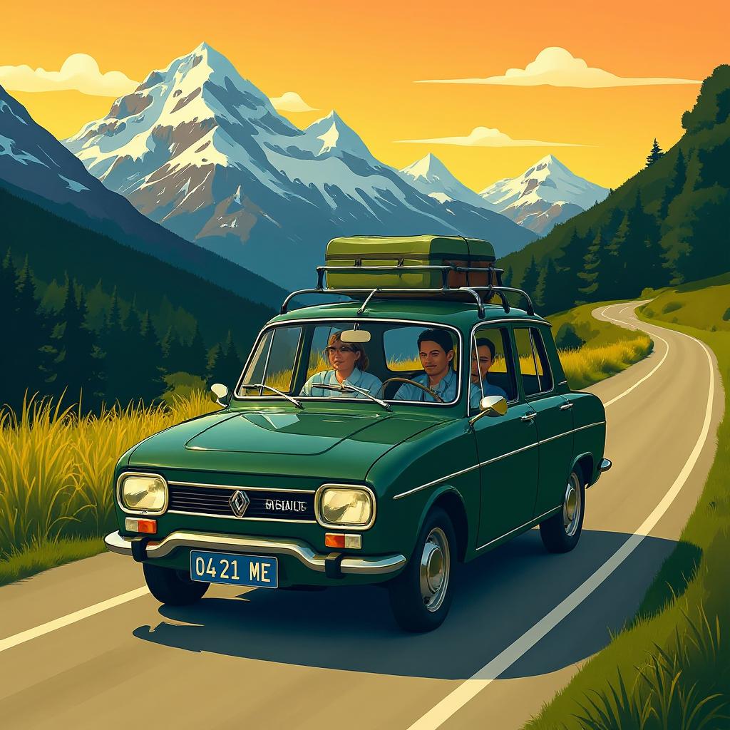 Imagine a vintage dark green Renault 10 with 5 passengers inside the car and a big pack of luggage wrapped in green canvas on a roof rack, riding down a winding mountain road, snow-capped peaks towering in the background. The car is rendered with clean angular contours, showcasing its sleek lines and distinctive design. The scene is bathed in rich, saturated colors and a warm, nostalgic palette of deep oranges, glowing yellows, and lush greens. The style is reminiscent of classic Swiss travel posters from the 1950s, with bold colors, clean lines, and a sense of adventure. (edited with Flux Kontext Pro)