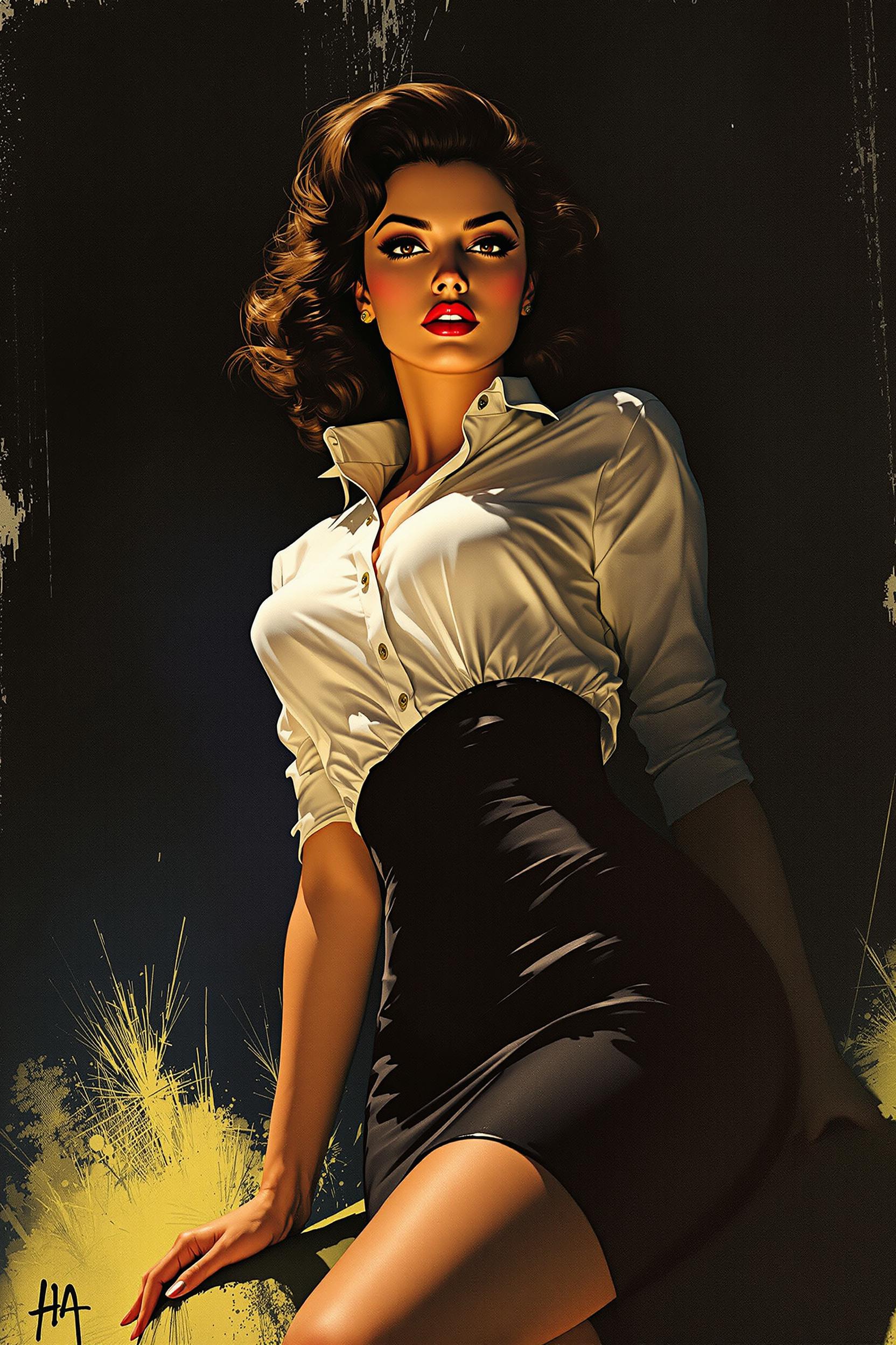 CyberRealisticPony_POSV1, score_9, score_8_up, score_7_up, score_6_up, A captivating illustration of a woman wearing a crisp white shirt and a sleek black skirt, rendered in the iconic pulp art style of Rudolph Belarski. Her pose is dynamic and confident, set against a dramatic, shadowy background with bold contrasts and vibrant highlights typical of 1940s magazine covers. The artwork features meticulous attention to detail in her expression and clothing textures, with a retro color palette of warm tones and deep blacks.