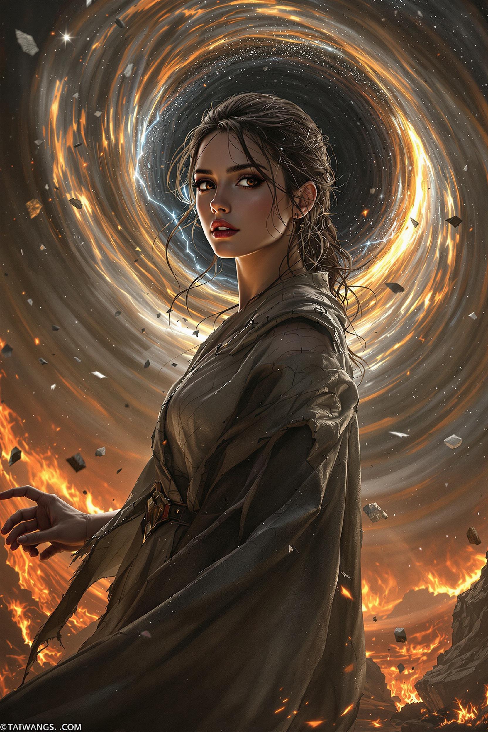 <lora:Body Type_alpha1.0_rank4_noxattn_last:1>,  ((masterpiece)), (best quality),
 Style-GravityMagic,  solo, half shot, looking at viewer, detailed background, detailed face, (starwars theme:1.1),  beautiful brunette woman, herald of the apocalypse, gazing into the abyss, wearing torn robes, fiery  doom, debris swirling all around, dimensional rifts appearing, floating particles,  eternal void consuming everything,   black hole,   prophecy fulfilled, supernova in background, turbulent winds, apocalyptic atmosphere, ethereal lights, , , score_9, score_8_up, score_7_up, score_6_up, extreme detail, ((Masterpiece, Best Quality, beautiful, high res image)),  <lora:Real_Beauty:1>,(masterpiece, top quality, best quality, official art, beautiful and aesthetic:1.2),,
