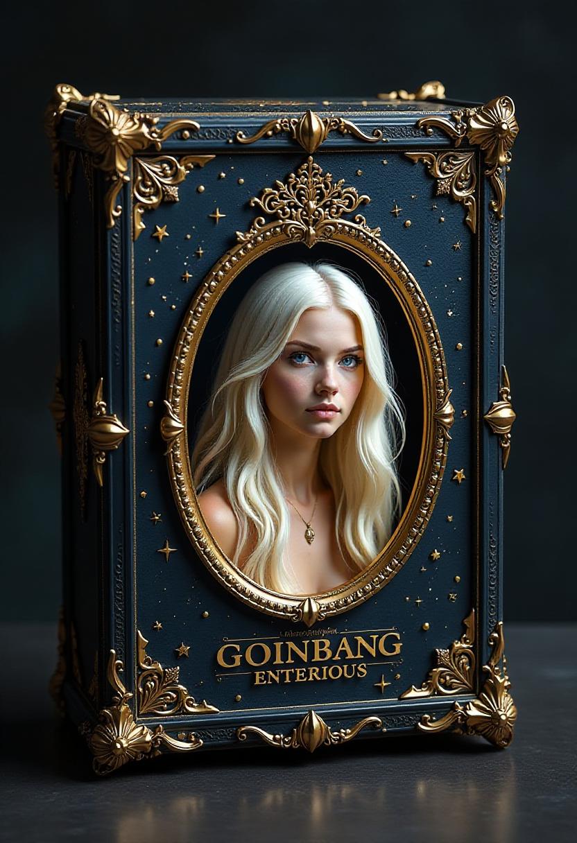 This image features a threedimensional, ornate box with a celestial theme, predominantly in shades of deep blue and black, sprinkled with golden stars and intricate golden designs that resemble constellations or magical symbols. The box has a luxurious and somewhat enigmatic aura, suggesting it may contain something of great value or significance.The box is adorned with a golden oval frame, within which is a portrait of a person. The person has flowing, platinum blonde hair and piercing blue eyes, which stand out against the dark background of the box. The hair and the eyes are illuminated, giving them a luminous quality that enhances the magical feel of the image.The golden frame is embellished with a complex, symmetrical golden emblem at the top, which appears to be a stylized representation of a crown or a regal insignia. Below the emblem, the name GOINBANG ENTERIOUS is inscribed in an elegant, scriptlike font, adding to the overall mystique of the box.The medium of the image is not immediately clear, but it could be a photograph or a digital artwork that has been manipulated to give the illusion of a threedimensional object. The lighting in the image is soft and diffused, casting gentle shadows and highlights that give depth to the box and the figure within it.Overall, the art style of the image is fantastical and evocative, reminiscent of medieval illuminated manuscripts or high fantasy literature, with a touch of modern digital artistry. The colors and elements within the image suggest themes of magic, mystery, and perhaps royalty or nobility.