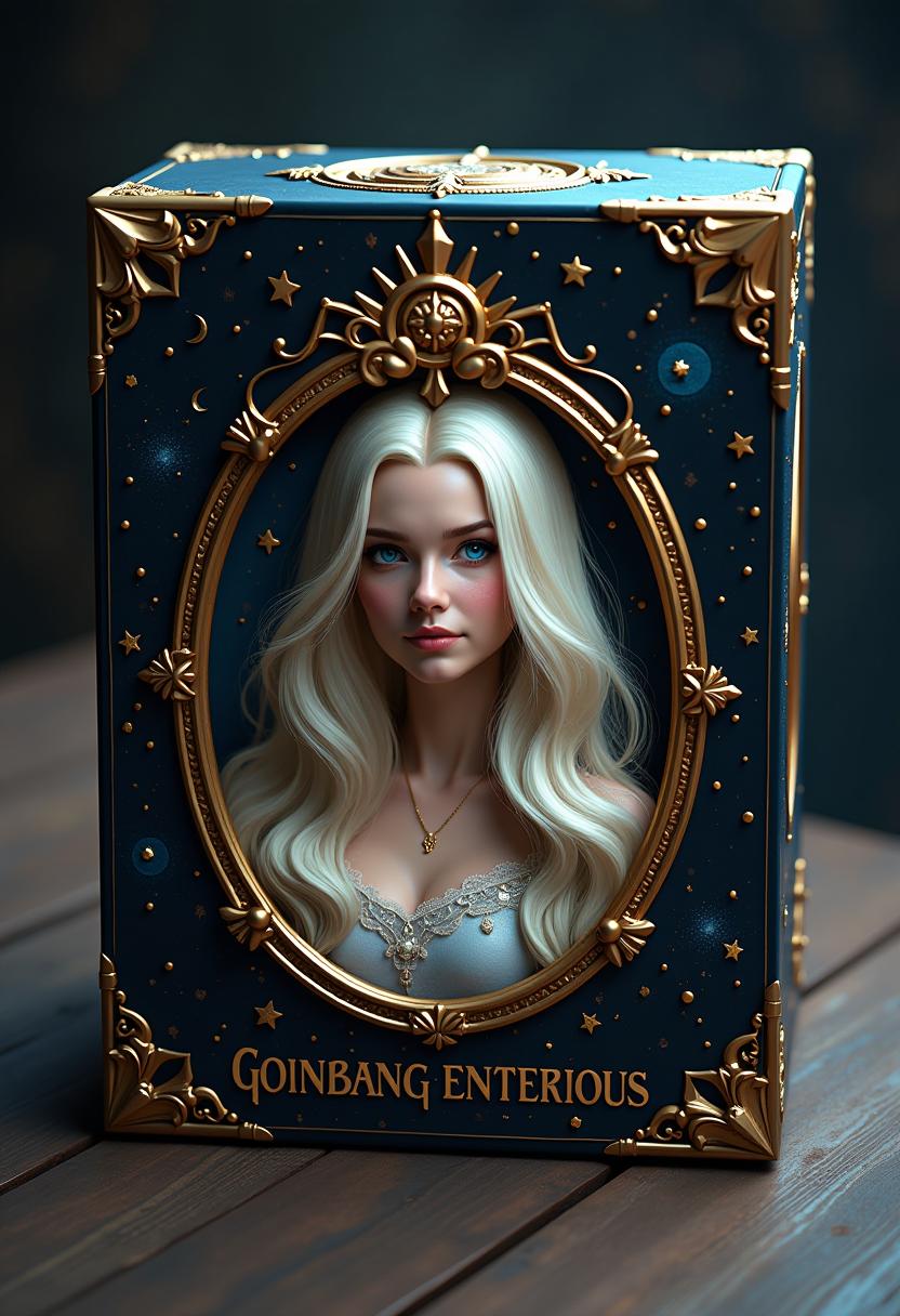 This image features a threedimensional, ornate box with a celestial theme, predominantly in shades of deep blue and black, sprinkled with golden stars and intricate golden designs that resemble constellations or magical symbols. The box has a luxurious and somewhat enigmatic aura, suggesting it may contain something of great value or significance.The box is adorned with a golden oval frame, within which is a portrait of a person. The person has flowing, platinum blonde hair and piercing blue eyes, which stand out against the dark background of the box. The hair and the eyes are illuminated, giving them a luminous quality that enhances the magical feel of the image.The golden frame is embellished with a complex, symmetrical golden emblem at the top, which appears to be a stylized representation of a crown or a regal insignia. Below the emblem, the name GOINBANG ENTERIOUS is inscribed in an elegant, scriptlike font, adding to the overall mystique of the box.The medium of the image is not immediately clear, but it could be a photograph or a digital artwork that has been manipulated to give the illusion of a threedimensional object. The lighting in the image is soft and diffused, casting gentle shadows and highlights that give depth to the box and the figure within it.Overall, the art style of the image is fantastical and evocative, reminiscent of medieval illuminated manuscripts or high fantasy literature, with a touch of modern digital artistry. The colors and elements within the image suggest themes of magic, mystery, and perhaps royalty or nobility.