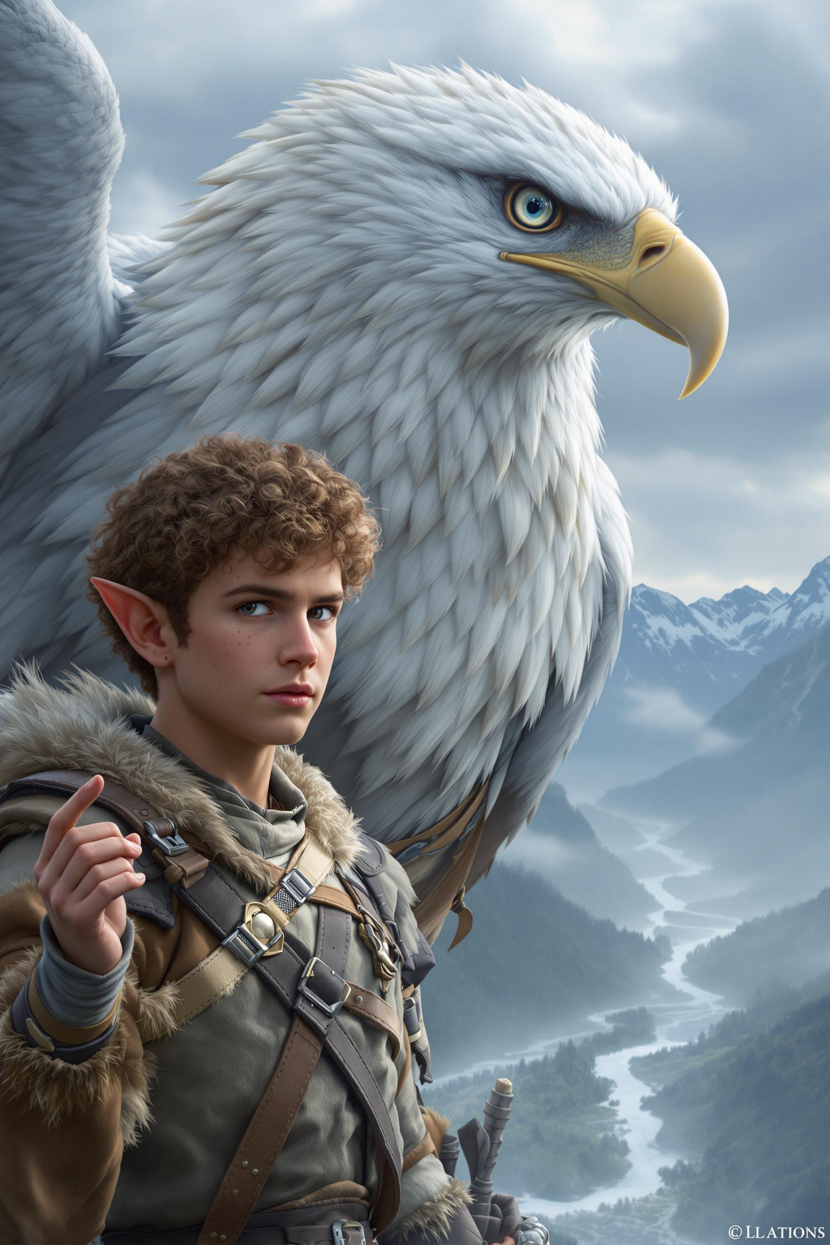 This image is a digital artwork that appears to be a fantasy scene. The art style is highly detailed and realistic, with a cinematic quality that suggests it could be a concept art piece for a film or a video game. The medium seems to be a combination of digital painting and 3D modeling, as evidenced by the smooth blending of textures and the lifelike rendering of the eagles feathers.The colors in the image are rich and varied, with a cool palette dominated by blues, grays, and whites. The eagles feathers are predominantly white with hints of gray, which gives it a soft, ethereal quality. The boys clothing is a mix of browns and creams, which adds warmth to the scene. The mountains in the background are rendered in cool blues and grays, with touches of white to suggest snow or mist.The objects in the image are the focal points of the composition. In the foreground, there is a young boy with pointed ears, which are characteristic of fantasy races like elves. He has curly brown hair and freckles, and his skin is a light tan. He is dressed in a detailed costume that resembles a mix of leather and fur, with straps and buckles that suggest he might be a character from a story or a game. His left hand is raised, and his fingers are slightly curled, as if he is in the midst of a gesture or about to touch something.Behind the boy, towering over him, is a majestic eagle with a large, curved beak and piercing eyes. The eagles feathers are intricately detailed, with each barb and nuance of texture carefully rendered to give it a realistic appearance. The eagles wings are spread wide, and its talons are visible and detailed, ready to grasp or defend.The background of the image is a misty mountainous landscape, with peaks shrouded in clouds and a winding river cutting through the valley. The mountains are rendered with a sense of depth and grandeur, and the mist adds a mystical quality to the scene.Overall, the image is a rich and immersive portrayal of a fantasy world, with a focus on the bond between the boy and the eagle, and the beauty of the natural world around them.