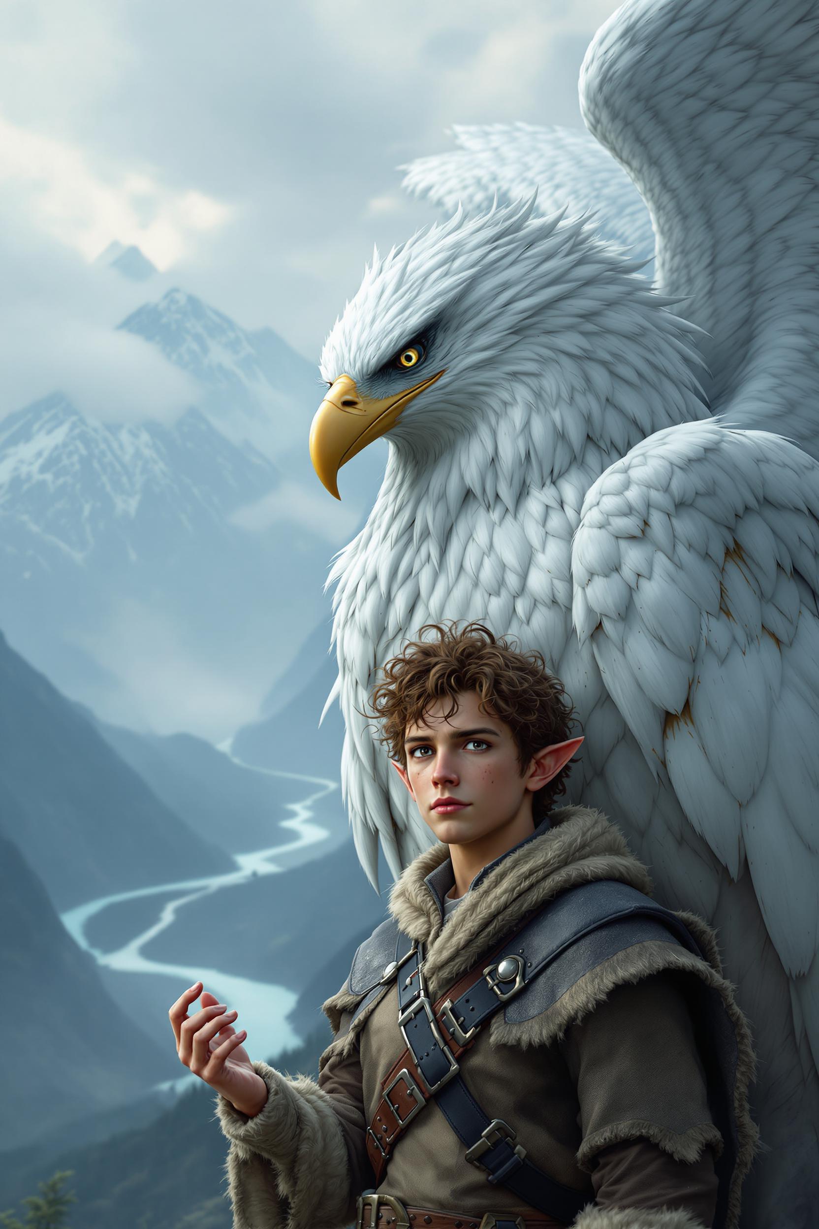 This image is a digital artwork that appears to be a fantasy scene. The art style is highly detailed and realistic, with a cinematic quality that suggests it could be a concept art piece for a film or a video game. The medium seems to be a combination of digital painting and 3D modeling, as evidenced by the smooth blending of textures and the lifelike rendering of the eagles feathers.The colors in the image are rich and varied, with a cool palette dominated by blues, grays, and whites. The eagles feathers are predominantly white with hints of gray, which gives it a soft, ethereal quality. The boys clothing is a mix of browns and creams, which adds warmth to the scene. The mountains in the background are rendered in cool blues and grays, with touches of white to suggest snow or mist.The objects in the image are the focal points of the composition. In the foreground, there is a young boy with pointed ears, which are characteristic of fantasy races like elves. He has curly brown hair and freckles, and his skin is a light tan. He is dressed in a detailed costume that resembles a mix of leather and fur, with straps and buckles that suggest he might be a character from a story or a game. His left hand is raised, and his fingers are slightly curled, as if he is in the midst of a gesture or about to touch something.Behind the boy, towering over him, is a majestic eagle with a large, curved beak and piercing eyes. The eagles feathers are intricately detailed, with each barb and nuance of texture carefully rendered to give it a realistic appearance. The eagles wings are spread wide, and its talons are visible and detailed, ready to grasp or defend.The background of the image is a misty mountainous landscape, with peaks shrouded in clouds and a winding river cutting through the valley. The mountains are rendered with a sense of depth and grandeur, and the mist adds a mystical quality to the scene.Overall, the image is a rich and immersive portrayal of a fantasy world, with a focus on the bond between the boy and the eagle, and the beauty of the natural world around them.