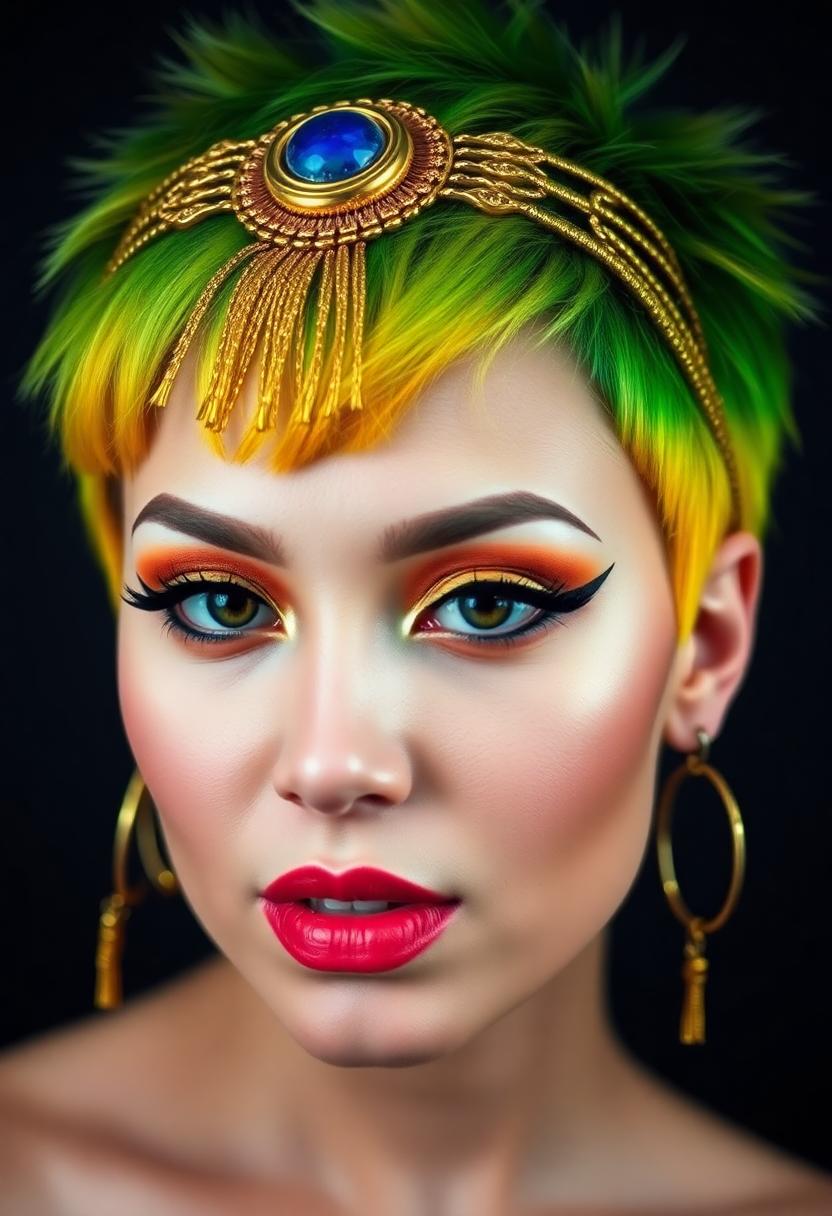 This image is a closeup portrait of a person with a highly stylized and dramatic appearance. The subject has a short, spiky hairstyle that features a gradient of colors, with the tips of the hair being a bright green and the roots transitioning to a golden yellow. The hair is adorned with a golden headpiece that has a circular centerpiece with a blue stone, and it also includes long, golden strands that hang down the sides of the head.The subjects makeup is bold and theatrical, with a focus on the eyes. The eyeliner is winged and metallic, in a shade that matches the golden tones of the hair accessory. The eyeshadow is a warm, coppery color that complements the eyeliner, and the eyeshadow extends into the crease of the eye, giving it a smoky effect. The lips are coated in a glossy, peachcolored lipstick that stands out against the warm tones of the makeup.The subjects skin is flawless and has a healthy glow, with a subtle blush on the cheeks and a hint of contouring on the jawline. The person is wearing a black garment with a shoulder strap, which is visible at the bottom of the frame.The background of the image is a dilapidated building with exposed wooden beams and a broken window, which adds to the dramatic and otherworldly feel of the portrait. The lighting in the image is soft and diffused, with natural light filtering through the window and casting a warm glow on the subjects face.The overall art style of the image is fantastical and surreal, with a strong emphasis on the subjects striking features and the detailed costume elements. The medium appears to be a highquality photograph, with a focus on the textures and colors of the subject and the background.