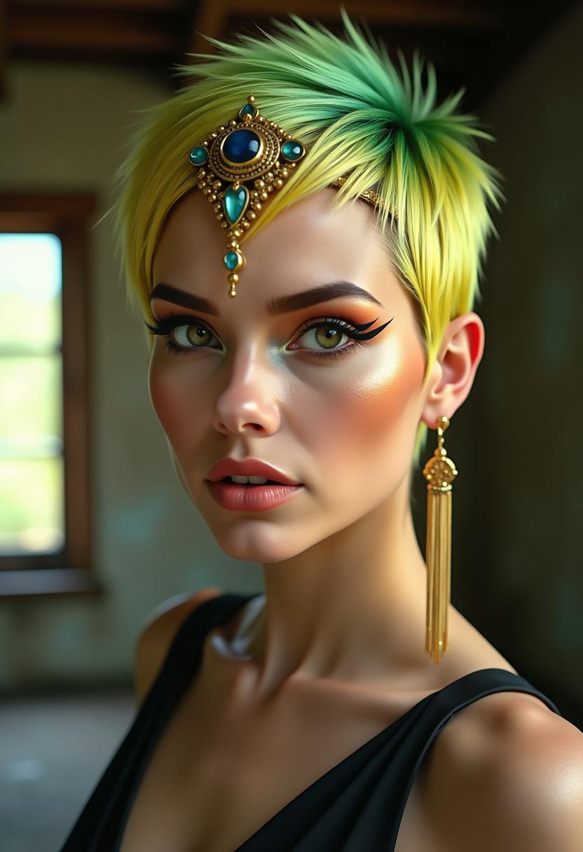 This image is a closeup portrait of a person with a highly stylized and dramatic appearance. The subject has a short, spiky hairstyle that features a gradient of colors, with the tips of the hair being a bright green and the roots transitioning to a golden yellow. The hair is adorned with a golden headpiece that has a circular centerpiece with a blue stone, and it also includes long, golden strands that hang down the sides of the head.The subjects makeup is bold and theatrical, with a focus on the eyes. The eyeliner is winged and metallic, in a shade that matches the golden tones of the hair accessory. The eyeshadow is a warm, coppery color that complements the eyeliner, and the eyeshadow extends into the crease of the eye, giving it a smoky effect. The lips are coated in a glossy, peachcolored lipstick that stands out against the warm tones of the makeup.The subjects skin is flawless and has a healthy glow, with a subtle blush on the cheeks and a hint of contouring on the jawline. The person is wearing a black garment with a shoulder strap, which is visible at the bottom of the frame.The background of the image is a dilapidated building with exposed wooden beams and a broken window, which adds to the dramatic and otherworldly feel of the portrait. The lighting in the image is soft and diffused, with natural light filtering through the window and casting a warm glow on the subjects face.The overall art style of the image is fantastical and surreal, with a strong emphasis on the subjects striking features and the detailed costume elements. The medium appears to be a highquality photograph, with a focus on the textures and colors of the subject and the background.