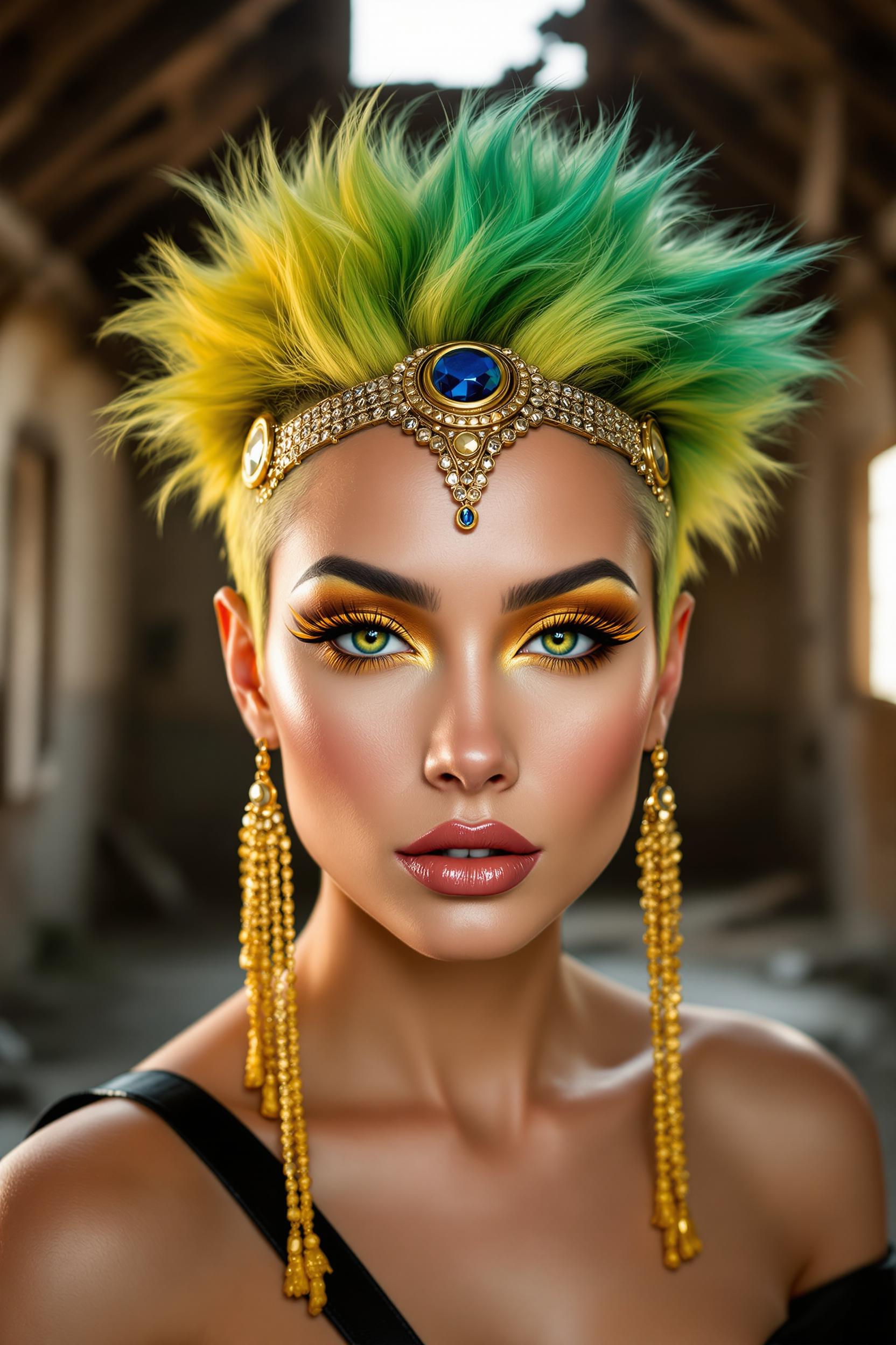 This image is a closeup portrait of a person with a highly stylized and dramatic appearance. The subject has a short, spiky hairstyle that features a gradient of colors, with the tips of the hair being a bright green and the roots transitioning to a golden yellow. The hair is adorned with a golden headpiece that has a circular centerpiece with a blue stone, and it also includes long, golden strands that hang down the sides of the head.The subjects makeup is bold and theatrical, with a focus on the eyes. The eyeliner is winged and metallic, in a shade that matches the golden tones of the hair accessory. The eyeshadow is a warm, coppery color that complements the eyeliner, and the eyeshadow extends into the crease of the eye, giving it a smoky effect. The lips are coated in a glossy, peachcolored lipstick that stands out against the warm tones of the makeup.The subjects skin is flawless and has a healthy glow, with a subtle blush on the cheeks and a hint of contouring on the jawline. The person is wearing a black garment with a shoulder strap, which is visible at the bottom of the frame.The background of the image is a dilapidated building with exposed wooden beams and a broken window, which adds to the dramatic and otherworldly feel of the portrait. The lighting in the image is soft and diffused, with natural light filtering through the window and casting a warm glow on the subjects face.The overall art style of the image is fantastical and surreal, with a strong emphasis on the subjects striking features and the detailed costume elements. The medium appears to be a highquality photograph, with a focus on the textures and colors of the subject and the background.