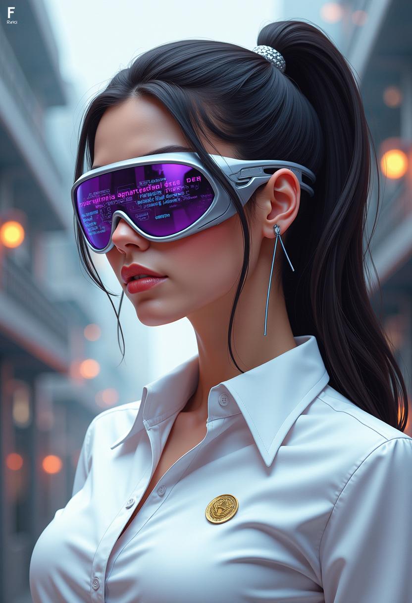 This image is a digital illustration that captures a closeup of a persons head and upper shoulders. The art style is highly detailed and realistic with a touch of cyberpunk influence, evident in the futuristic eyewear and the technological elements in the background. The medium appears to be digital painting, as suggested by the smooth blending of colors and the lack of texture that might be present in traditional mediums.The subject of the image is wearing a white shirt with a collar and a small, gold colored emblem on the left lapel. The shirt is buttoned up, and the sleeves are rolled up to the elbows, revealing the forearm. The persons hair is dark and pulled back into a high ponytail, secured with a metallic hair tie that matches the futuristic eyewear.The eyewear is a standout feature of the image. It is a pair of sunglasses with a high tech design that includes a mechanical arm that wraps around the head, seamlessly blending with the hair. The lenses of the glasses are tinted with a purple hue and reflect digital information, resembling a screen displaying text and numbers. The text reflects the phrase I see opportunities everywhere, which adds a motivational or optimistic tone to the image.The background is a blend of industrial and technological elements, with metallic and mechanical structures that suggest a setting within a futuristic cityscape or a high tech facility. The colors in the background are primarily cool tones of gray and silver, with touches of purple and blue from the eyewear, creating a cohesive and futuristic atmosphere.Overall, the image conveys a sense of advanced technology, optimism, and readiness for the future. The subjects confident and forward thinking demeanor, combined with the cyberpunk inspired elements, suggests a narrative of a person who is not only aware of the technological advancements around them but also actively seeking opportunities within this digital and interconnected world.
