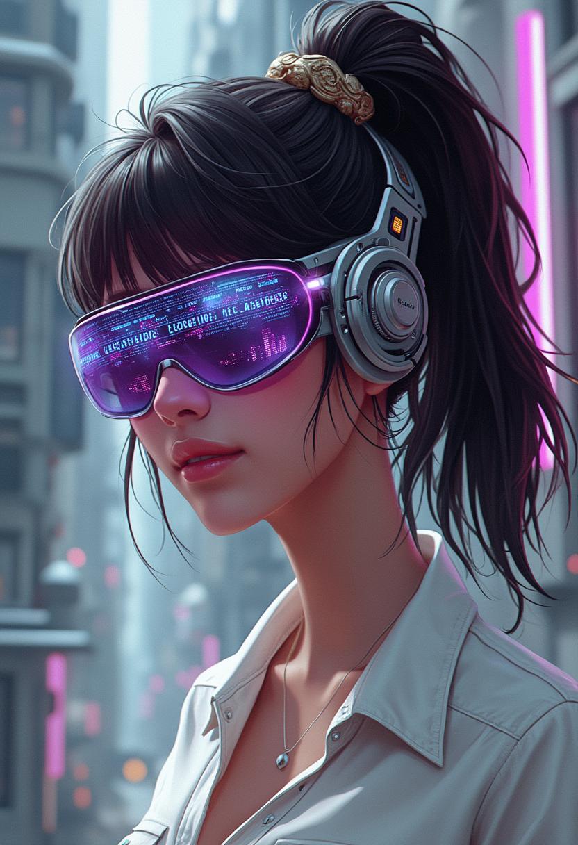 This image is a digital illustration that captures a closeup of a persons head and upper shoulders. The art style is highly detailed and realistic with a touch of cyberpunk influence, evident in the futuristic eyewear and the technological elements in the background. The medium appears to be digital painting, as suggested by the smooth blending of colors and the lack of texture that might be present in traditional mediums.The subject of the image is wearing a white shirt with a collar and a small, gold colored emblem on the left lapel. The shirt is buttoned up, and the sleeves are rolled up to the elbows, revealing the forearm. The persons hair is dark and pulled back into a high ponytail, secured with a metallic hair tie that matches the futuristic eyewear.The eyewear is a standout feature of the image. It is a pair of sunglasses with a high tech design that includes a mechanical arm that wraps around the head, seamlessly blending with the hair. The lenses of the glasses are tinted with a purple hue and reflect digital information, resembling a screen displaying text and numbers. The text reflects the phrase I see opportunities everywhere, which adds a motivational or optimistic tone to the image.The background is a blend of industrial and technological elements, with metallic and mechanical structures that suggest a setting within a futuristic cityscape or a high tech facility. The colors in the background are primarily cool tones of gray and silver, with touches of purple and blue from the eyewear, creating a cohesive and futuristic atmosphere.Overall, the image conveys a sense of advanced technology, optimism, and readiness for the future. The subjects confident and forward thinking demeanor, combined with the cyberpunk inspired elements, suggests a narrative of a person who is not only aware of the technological advancements around them but also actively seeking opportunities within this digital and interconnected world.