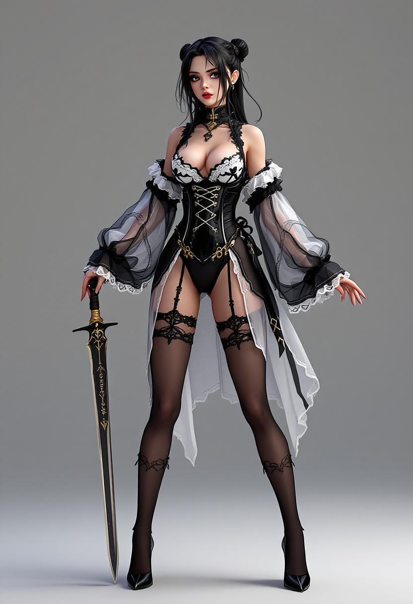 This image is a 3D rendered digital artwork, showcasing a character that appears to be a stylized female warrior. The art style is reminiscent of anime with a touch of fantasy, characterized by its nice proportions, smooth curves, and detailed textures.The medium is digital, as evidenced by the clean lines and the absence of brush strokes or traditional painting techniques. The lighting and shadows are well rendered, creating a realistic and dramatic effect.The colors in the image are primarily dark and muted, with a focus on black, white, and shades of gray. The characters outfit is predominantly black with some white and gold accents, which add a touch of contrast and highlight the details of the clothing. The stockings and undergarments are a translucent black, which adds a sense of depth and realism to the characters legs.The objects in the image include the characters outfit, which consists of a corset style bodice with lace detailing, long sleeves with sheer fabric, and a thigh high slit. The character is wearing thigh high stockings with lace detailing and black high heels. In her right hand, she holds a katana with a white blade and a black hilt, which is a common symbol of samurai warriors.The background is a solid dark gray, which serves to emphasize the character and the intricate details of her outfit and weapon. The lighting in the image is focused on the character, casting a soft shadow behind her and highlighting the textures of her clothing and the katana.Overall, the image exudes a sense of drama and intensity, with a strong emphasis on the characters readiness for battle and her confident, yet mysterious demeanor.