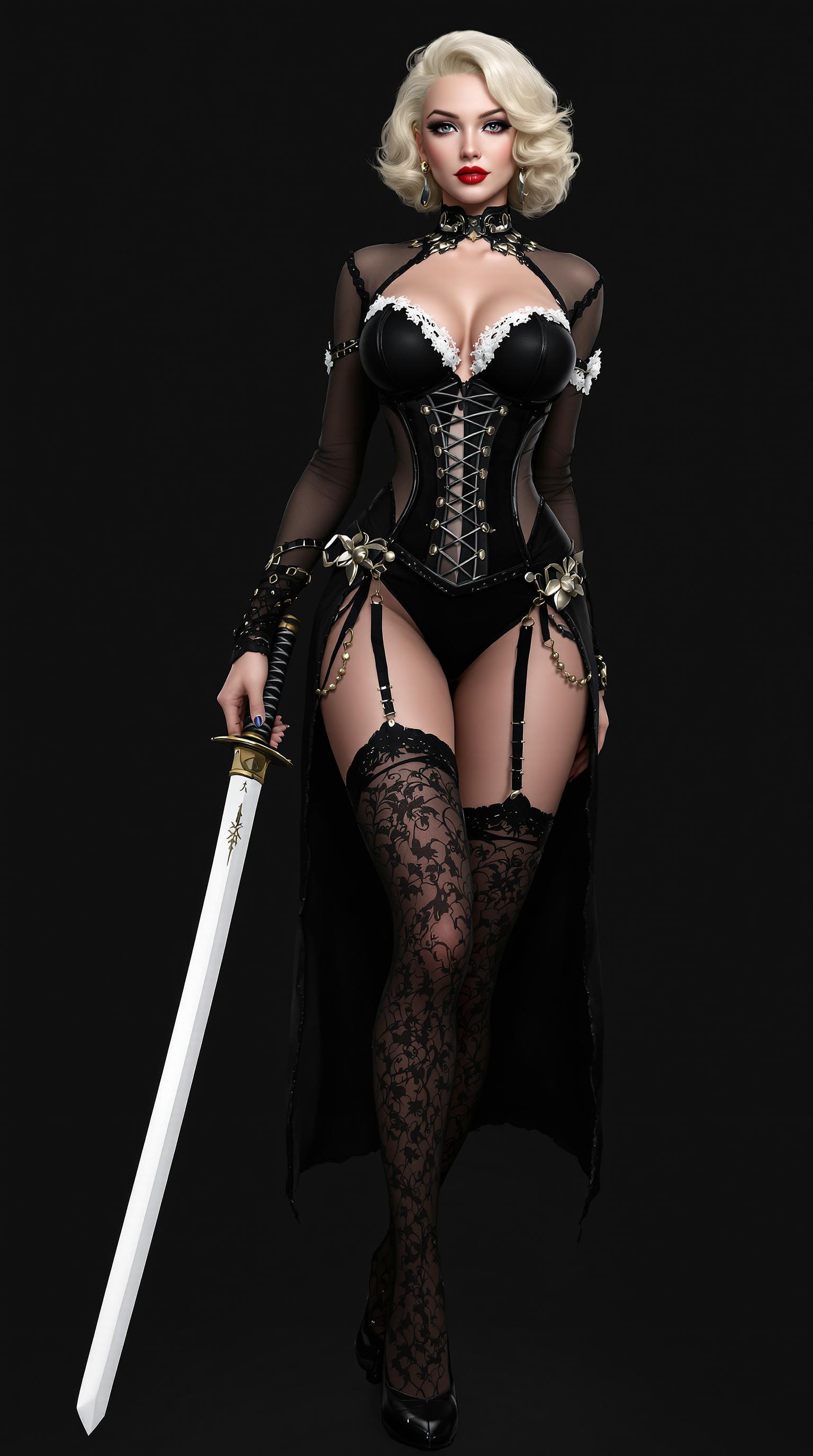 A portrait photo of Marilyn Monroe, in this image is a 3D rendered digital artwork, showcasing a character that appears to be a stylized female warrior. The art style is reminiscent of anime with a touch of fantasy, characterized by its nice proportions, smooth curves, and detailed textures.The medium is digital, as evidenced by the clean lines and the absence of brush strokes or traditional painting techniques. The lighting and shadows are well rendered, creating a realistic and dramatic effect.The colors in the image are primarily dark and muted, with a focus on black, white, and shades of gray. The characters outfit is predominantly black with some white and gold accents, which add a touch of contrast and highlight the details of the clothing. The stockings and undergarments are a translucent black, which adds a sense of depth and realism to the characters legs.The objects in the image include the characters outfit, which consists of a corset style bodice with lace detailing, long sleeves with sheer fabric, and a thigh high slit. The character is wearing thigh high stockings with lace detailing and black high heels. In her right hand, she holds a katana with a white blade and a black hilt, which is a common symbol of samurai warriors.The background is a solid dark gray, which serves to emphasize the character and the intricate details of her outfit and weapon. The lighting in the image is focused on the character, casting a soft shadow behind her and highlighting the textures of her clothing and the katana.Overall, the image exudes a sense of drama and intensity, with a strong emphasis on the characters readiness for battle and her confident, yet mysterious demeanor.