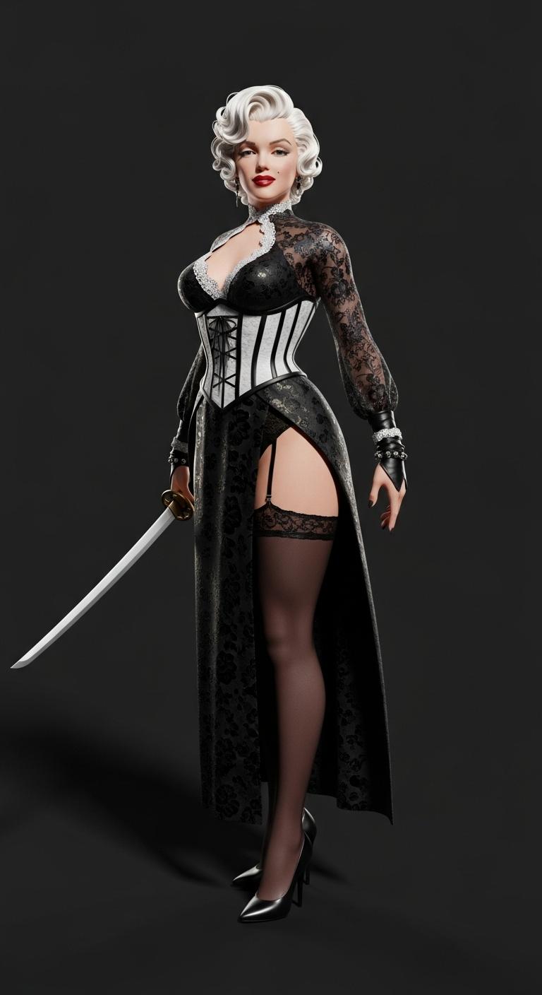 This image is a 3D rendered digital artwork, showcasing Marilyn Monroe as a stylized female warrior. The art style is reminiscent of anime with a touch of fantasy, characterized by its nice proportions, smooth curves, and detailed textures.The medium is digital, as evidenced by the clean lines and the absence of brush strokes or traditional painting techniques. The lighting and shadows are well rendered, creating a realistic and dramatic effect.The colors in the image are primarily dark and muted, with a focus on black, white, and shades of gray. The characters outfit is predominantly black with some white and gold accents, which add a touch of contrast and highlight the details of the clothing. The stockings and undergarments are a translucent black, which adds a sense of depth and realism to the characters legs.The objects in the image include the characters outfit, which consists of a corset style bodice with lace detailing, long sleeves with sheer fabric, and a thigh high slit. The character is wearing thigh high stockings with lace detailing and black high heels. In her right hand, she holds a katana with a white blade and a black hilt, which is a common symbol of samurai warriors.The background is a solid dark gray, which serves to emphasize the character and the intricate details of her outfit and weapon. The lighting in the image is focused on the character, casting a soft shadow behind her and highlighting the textures of her clothing and the katana.Overall, the image exudes a sense of drama and intensity, with a strong emphasis on the characters readiness for battle and her confident, yet mysterious demeanor.