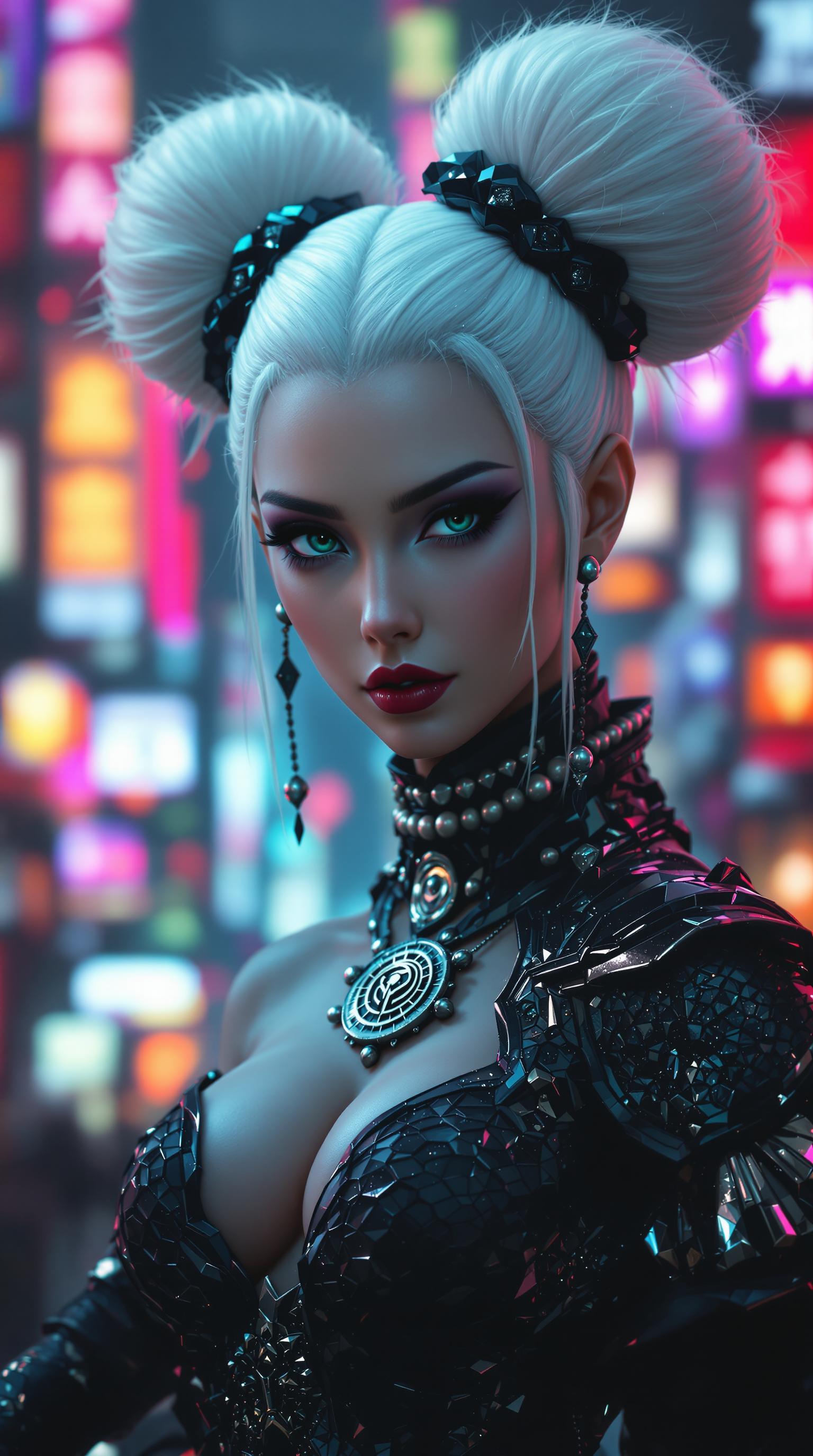This image is a digital artwork that presents a figure with a striking and futuristic aesthetic. The art style is highly stylized, with a focus on intricate details and a rich, almost threedimensional quality that gives the image a cinematic feel. The medium appears to be a digital rendering, likely created using 3D modeling and texturing software, given the smoothness and complexity of the textures.The colors in the image are vibrant and bold, with a predominance of deep, rich blacks and metallics, punctuated by the bright, sparkling white of the figures hair. The figures hair is styled into two large, voluminous buns, each adorned with what appear to be crystals or small, reflective spheres, adding a touch of opulence and extravagance. The hairs texture is also very detailed, with individual strands that catch the light, giving it a realistic sheen.The figure is wearing a dark, textured outfit that suggests a hightech or futuristic armor, with a mix of metallic and organic elements. The outfit is adorned with a variety of necklaces and accessories, including a prominent, circular pendant with a complex design that could be a symbol or emblem. The figures attire is detailed with what looks like scales or feathers, adding to the overall sense of armorlike protection.The figure is holding a sword with a reflective, metallic blade and a dark, ornate hilt, which complements the overall dark and futuristic theme of the outfit. The swords design is intricate, with patterns and details that suggest a high level of craftsmanship.The background of the image is a blur of neon lights and urban elements, with signs and billboards that are difficult to discern but seem to be in a language that could be Chinese, given the characters visible. The lighting in the scene is dramatic, with a mix of bright neon lights and darker, shadowy areas that create a sense of depth and contrast.Overall, the image exudes a sense of futuristic elegance, power, and mystery, with a strong emphasis on detailed textures and a rich, almost tangible visual experience.