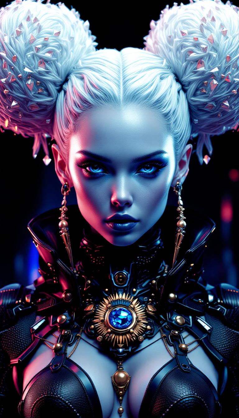 This image is a digital artwork that presents a figure with a striking and futuristic aesthetic. The art style is highly stylized, with a focus on intricate details and a rich, almost threedimensional quality that gives the image a cinematic feel. The medium appears to be a digital rendering, likely created using 3D modeling and texturing software, given the smoothness and complexity of the textures.The colors in the image are vibrant and bold, with a predominance of deep, rich blacks and metallics, punctuated by the bright, sparkling white of the figures hair. The figures hair is styled into two large, voluminous buns, each adorned with what appear to be crystals or small, reflective spheres, adding a touch of opulence and extravagance. The hairs texture is also very detailed, with individual strands that catch the light, giving it a realistic sheen.The figure is wearing a dark, textured outfit that suggests a hightech or futuristic armor, with a mix of metallic and organic elements. The outfit is adorned with a variety of necklaces and accessories, including a prominent, circular pendant with a complex design that could be a symbol or emblem. The figures attire is detailed with what looks like scales or feathers, adding to the overall sense of armorlike protection.The figure is holding a sword with a reflective, metallic blade and a dark, ornate hilt, which complements the overall dark and futuristic theme of the outfit. The swords design is intricate, with patterns and details that suggest a high level of craftsmanship.The background of the image is a blur of neon lights and urban elements, with signs and billboards that are difficult to discern but seem to be in a language that could be Chinese, given the characters visible. The lighting in the scene is dramatic, with a mix of bright neon lights and darker, shadowy areas that create a sense of depth and contrast.Overall, the image exudes a sense of futuristic elegance, power, and mystery, with a strong emphasis on detailed textures and a rich, almost tangible visual experience.