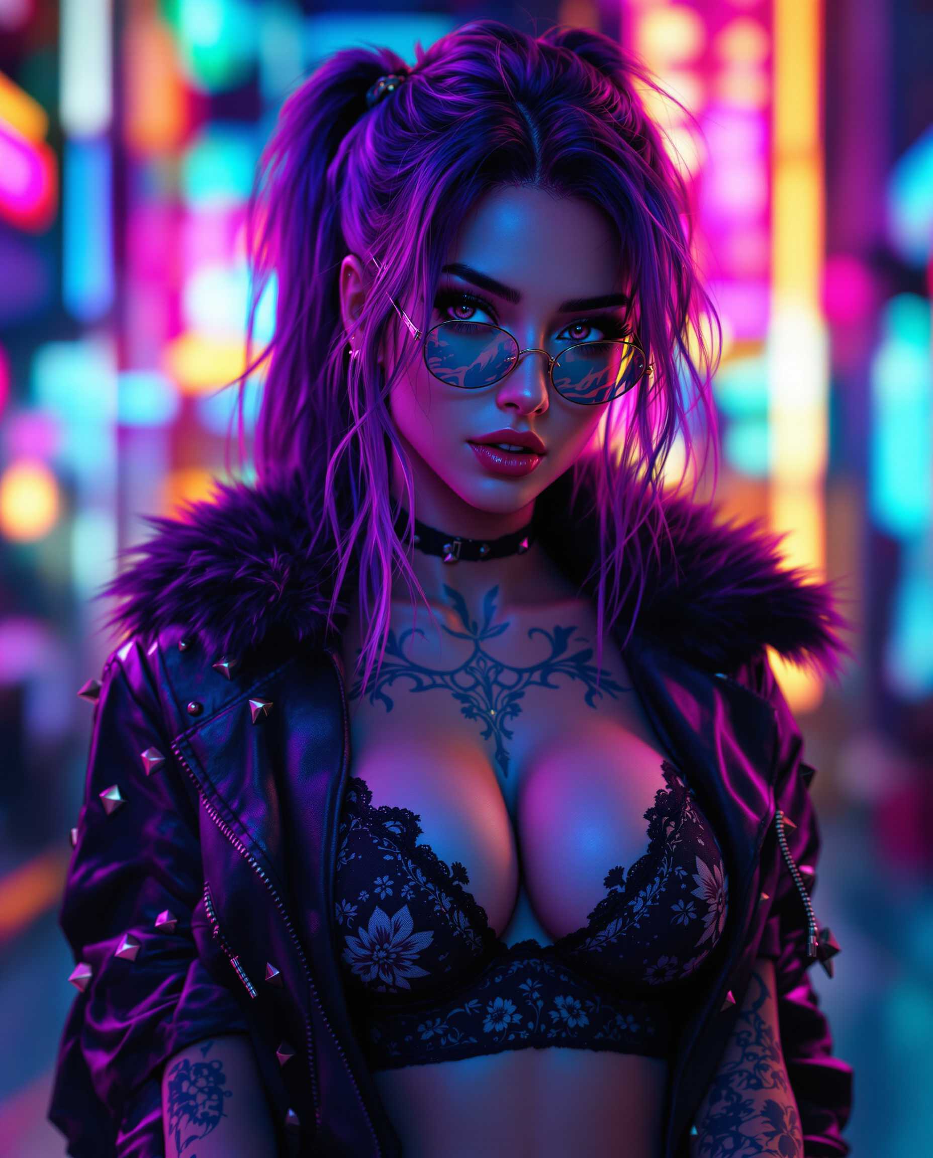 masterpiece, best quality, highres, sharp image, more detail, This image is a realistic photo (photograph) of a female real person digital artwork that exudes a cyberpunk vibe, with a focus on a character that is central to the composition. The art style is highly stylized and appears to be a blend of realistic and digital painting techniques, with a strong emphasis on the use of vibrant colors and lighting effects.The medium is digital painting, as evidenced by the smooth gradients and the lack of texture that would be present in traditional mediums like oil or acrylic paints. The image is rich in detail and texture, with a high level of resolution that allows for the intricate rendering of the characters hair, clothing, and tattoos.The colors in the image are bold and saturated, with a predominance of purples, blues, and pinks. These colors are complemented by the neonlike lighting effects that create a sense of depth and movement within the composition. The lighting is dynamic, with highlights and shadows that give the character a threedimensional form.The objects in the image are primarily focused on the characters attire and accessories. The character is wearing a black leather jacket with spikes and studs, which adds to the cyberpunk aesthetic. The jacket has a fur trim, which contrasts with the sleekness of the leather and adds a touch of softness to the otherwise hardedged look. The character is also wearing a black bra with a floral pattern, which adds a feminine element to the overall masculine outfit.The tattoos on the characters arms are intricate and detailed, with a mix of floral and geometric patterns. They are rendered in a monochromatic blue, which stands out against the skin tone and adds to the overall edgy feel of the image.The background of the image is a blur of neon lights and colors, with a sense of depth created by the layering of different hues. This background complements the character and adds to the overall atmosphere of the image, which is one of futuristic energy and vibrancy.