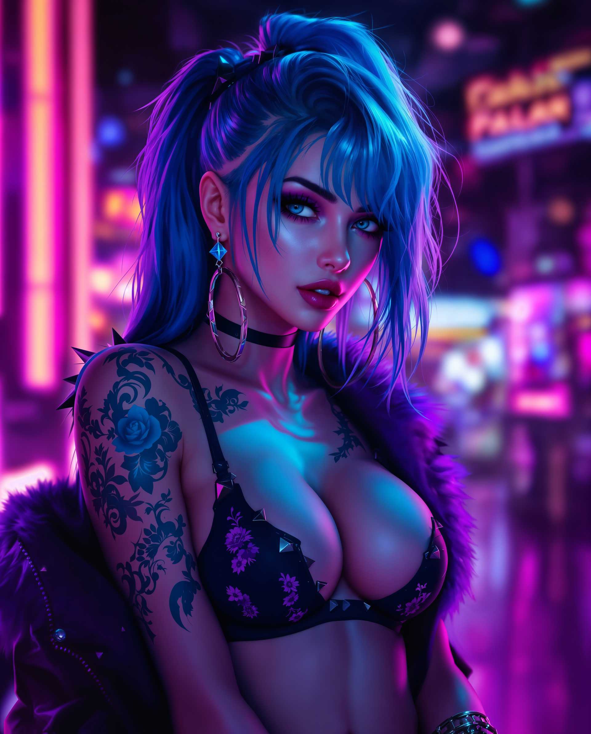 masterpiece, best quality, highres, sharp image, more detail <lora:more_details:0.5> <lora:SDXLrender_v2.0:1>, masterpiece, best quality, highres, sharp image, more detail, This image is a realistic photo (photograph) of a female real person digital artwork that exudes a cyberpunk vibe, with a focus on a character that is central to the composition. The art style is highly stylized and appears to be a blend of realistic and digital painting techniques, with a strong emphasis on the use of vibrant colors and lighting effects.The medium is digital painting, as evidenced by the smooth gradients and the lack of texture that would be present in traditional mediums like oil or acrylic paints. The image is rich in detail and texture, with a high level of resolution that allows for the intricate rendering of the characters hair, clothing, and tattoos.The colors in the image are bold and saturated, with a predominance of purples, blues, and pinks. These colors are complemented by the neonlike lighting effects that create a sense of depth and movement within the composition. The lighting is dynamic, with highlights and shadows that give the character a threedimensional form.The objects in the image are primarily focused on the characters attire and accessories. The character is wearing a black leather jacket with spikes and studs, which adds to the cyberpunk aesthetic. The jacket has a fur trim, which contrasts with the sleekness of the leather and adds a touch of softness to the otherwise hardedged look. The character is also wearing a black bra with a floral pattern, which adds a feminine element to the overall masculine outfit.The tattoos on the characters arms are intricate and detailed, with a mix of floral and geometric patterns. They are rendered in a monochromatic blue, which stands out against the skin tone and adds to the overall edgy feel of the image.The background of the image is a blur of neon lights and colors, with a sense of depth created by the layering of different hues. This background complements the character and adds to the overall atmosphere of the image, which is one of futuristic energy and vibrancy.