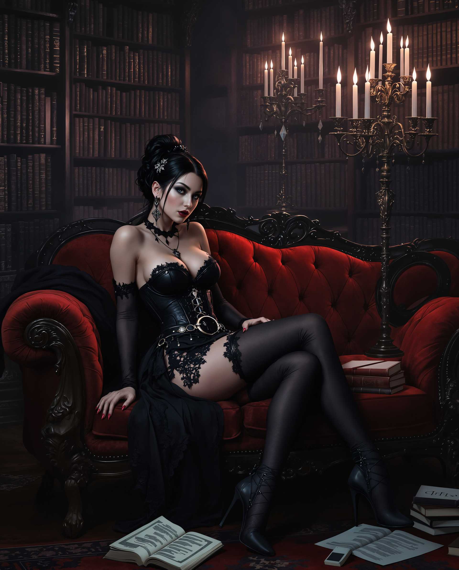 masterpiece, best quality, highres, sharp image, more detail <lora:more_details:0.5> <lora:SDXLrender_v2.0:1>, masterpiece, best quality, highres, sharp image, more detail, This image is a realistic photo (photograph) of a female real person digital artwork that captures a gothic fantasy scene. The art style is rich in detail and texture, with a focus on dramatic lighting and shadow that gives the scene a moody and atmospheric quality. The medium appears to be a highresolution digital painting, utilizing advanced techniques to create a lifelike representation with a fantastical twist.The colors in the image are predominantly dark and moody, with deep blues, blacks, and grays dominating the palette. There are strategic pops of color, such as the red of the lips and the occasional purple or pink in the background, which add contrast and draw the eye. The lighting accentuates the curves and textures of the subject, creating highlights and shadows that give the image depth.The subject of the image is a female figure dressed in a gothicinspired outfit. She wears a black corset with lace detailing and a matching skirt that is held up by a belt with a large buckle. Her attire is accessorized with lace stockings, thighhigh boots, and various necklaces and earrings that have a gothic flair. The figure is reclining on a plush, red velvet couch, which has a rich, plush texture and is draped with a dark, flowing fabric.The setting of the scene is a room with a gothic ambiance. The walls are lined with tall, ornate bookshelves filled with books, and the room is lit by a series of candles in a grand candelabra, casting flickering light across the scene. The floor is covered with a dark, patterned rug, and there are scattered books and papers on the couch, suggesting a scholarly or studious environment.Overall, the image exudes a sense of mystery and allure, with a blend of gothic and fantasy elements that create a captivating and immersive visual experience.