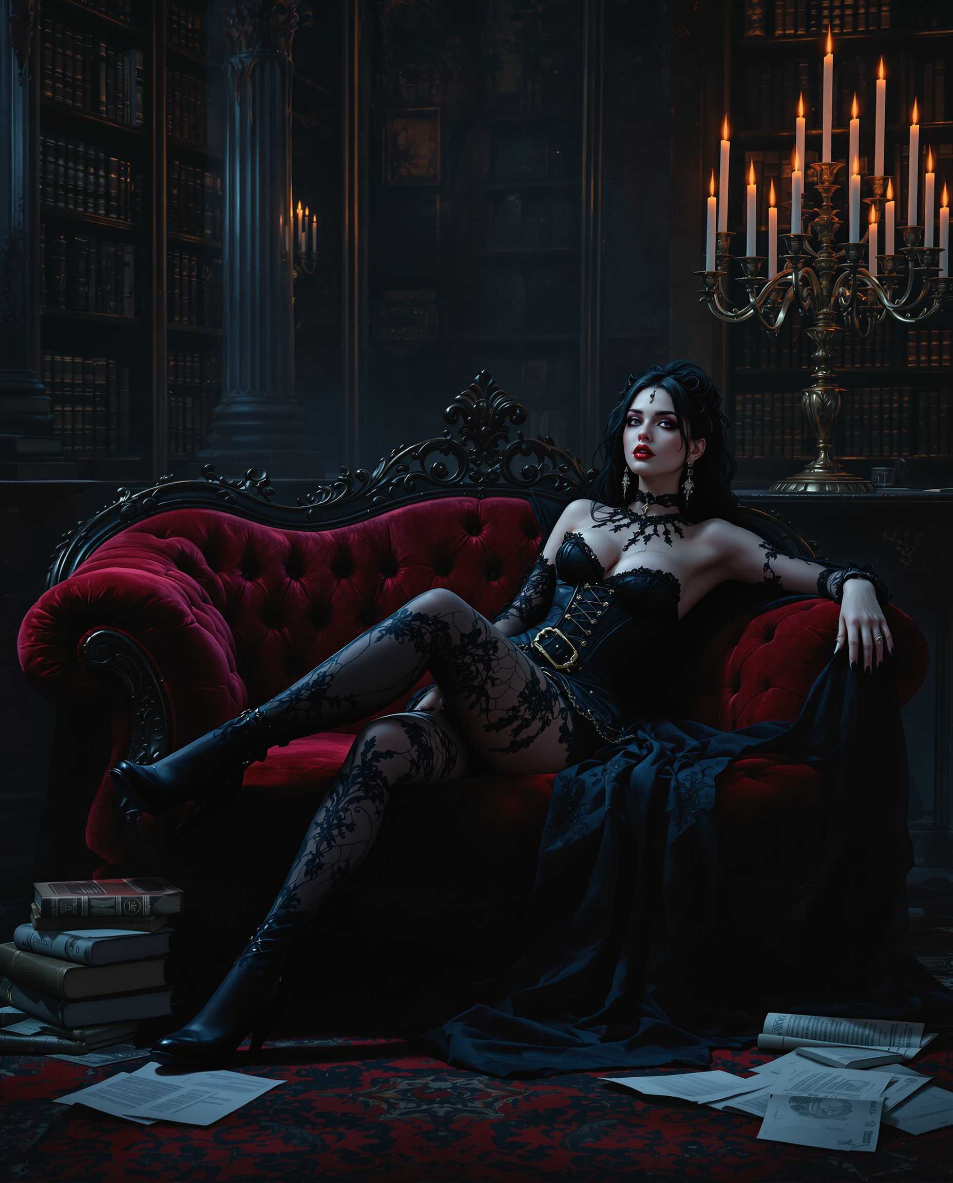 masterpiece, best quality, highres, sharp image, more detail, This image is a realistic photo (photograph) of a female real person digital artwork that captures a gothic fantasy scene. The art style is rich in detail and texture, with a focus on dramatic lighting and shadow that gives the scene a moody and atmospheric quality. The medium appears to be a highresolution digital painting, utilizing advanced techniques to create a lifelike representation with a fantastical twist.The colors in the image are predominantly dark and moody, with deep blues, blacks, and grays dominating the palette. There are strategic pops of color, such as the red of the lips and the occasional purple or pink in the background, which add contrast and draw the eye. The lighting accentuates the curves and textures of the subject, creating highlights and shadows that give the image depth.The subject of the image is a female figure dressed in a gothicinspired outfit. She wears a black corset with lace detailing and a matching skirt that is held up by a belt with a large buckle. Her attire is accessorized with lace stockings, thighhigh boots, and various necklaces and earrings that have a gothic flair. The figure is reclining on a plush, red velvet couch, which has a rich, plush texture and is draped with a dark, flowing fabric.The setting of the scene is a room with a gothic ambiance. The walls are lined with tall, ornate bookshelves filled with books, and the room is lit by a series of candles in a grand candelabra, casting flickering light across the scene. The floor is covered with a dark, patterned rug, and there are scattered books and papers on the couch, suggesting a scholarly or studious environment.Overall, the image exudes a sense of mystery and allure, with a blend of gothic and fantasy elements that create a captivating and immersive visual experience.