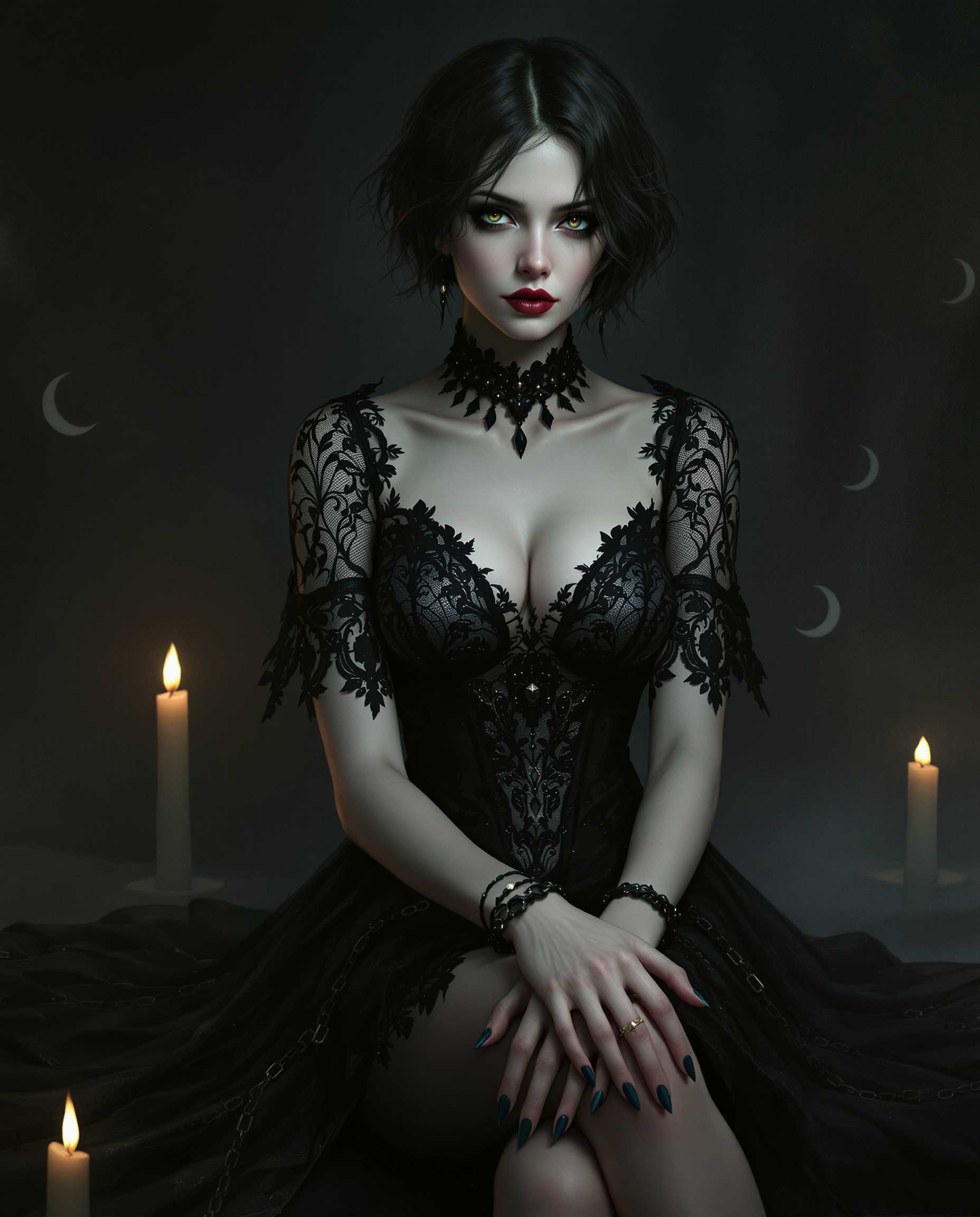 masterpiece, best quality, highres, sharp image, more detail, This image is a realistic photo (photograph) of a female real person digital illustration that captures a figure in a gothic style, characterized by its dark and moody atmosphere. The art style is reminiscent of fantasy or science fiction genres, with a focus on detailed textures and a cinematic quality.The medium appears to be a digital painting, given the smooth blending of colors and the lack of brush strokes. The lighting and shadows are expertly rendered, creating a threedimensional effect on the figures clothing and the surrounding environment.The colors in the image are predominantly dark and muted, with a few highlights that add contrast and depth. The figure is dressed in a black, laceadorned dress with a fitted bodice and a flared skirt. The dress features intricate patterns and embellishments that catch the light, giving it a subtle shimmer. The figures skin is a pale, almost translucent white, which stands out against the dark clothing.The figures hair is short and dark, with a few strands falling over the shoulders. It has a natural, wavy texture that adds realism to the image.The objects in the image include the figures dress, which is detailed with lace and beadwork. The figures wrists are adorned with bracelets and rings, adding to the gothic aesthetic. The figure is seated, with one leg crossed over the other, and there are chains visible around the ankles, which contribute to the overall gothic feel of the image.In the background, there are faint crescent moons and a smattering of candlelight, which further enhance the mystical and moody atmosphere of the scene. The overall composition of the image is balanced, with the figure taking center stage against a dark, atmospheric backdrop.