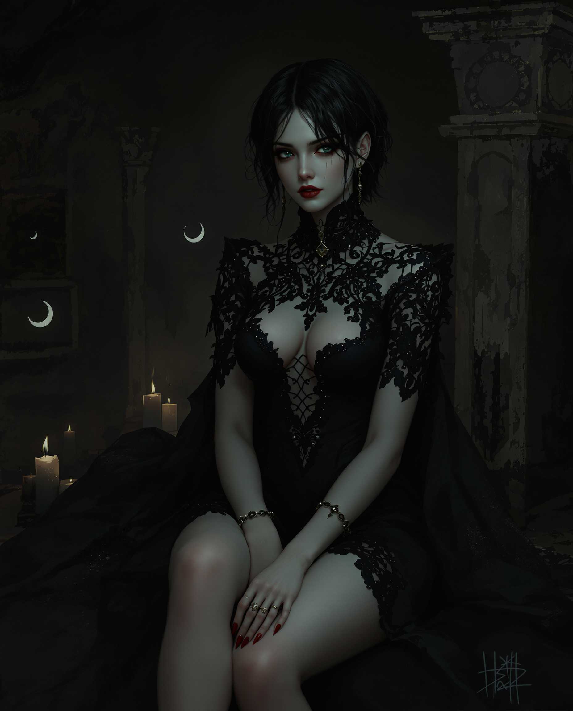 masterpiece, best quality, highres, sharp image, more detail, This image is a realistic photo (photograph) of a female real person digital illustration that captures a figure in a gothic style, characterized by its dark and moody atmosphere. The art style is reminiscent of fantasy or science fiction genres, with a focus on detailed textures and a cinematic quality.The medium appears to be a digital painting, given the smooth blending of colors and the lack of brush strokes. The lighting and shadows are expertly rendered, creating a threedimensional effect on the figures clothing and the surrounding environment.The colors in the image are predominantly dark and muted, with a few highlights that add contrast and depth. The figure is dressed in a black, laceadorned dress with a fitted bodice and a flared skirt. The dress features intricate patterns and embellishments that catch the light, giving it a subtle shimmer. The figures skin is a pale, almost translucent white, which stands out against the dark clothing.The figures hair is short and dark, with a few strands falling over the shoulders. It has a natural, wavy texture that adds realism to the image.The objects in the image include the figures dress, which is detailed with lace and beadwork. The figures wrists are adorned with bracelets and rings, adding to the gothic aesthetic. The figure is seated, with one leg crossed over the other, and there are chains visible around the ankles, which contribute to the overall gothic feel of the image.In the background, there are faint crescent moons and a smattering of candlelight, which further enhance the mystical and moody atmosphere of the scene. The overall composition of the image is balanced, with the figure taking center stage against a dark, atmospheric backdrop.