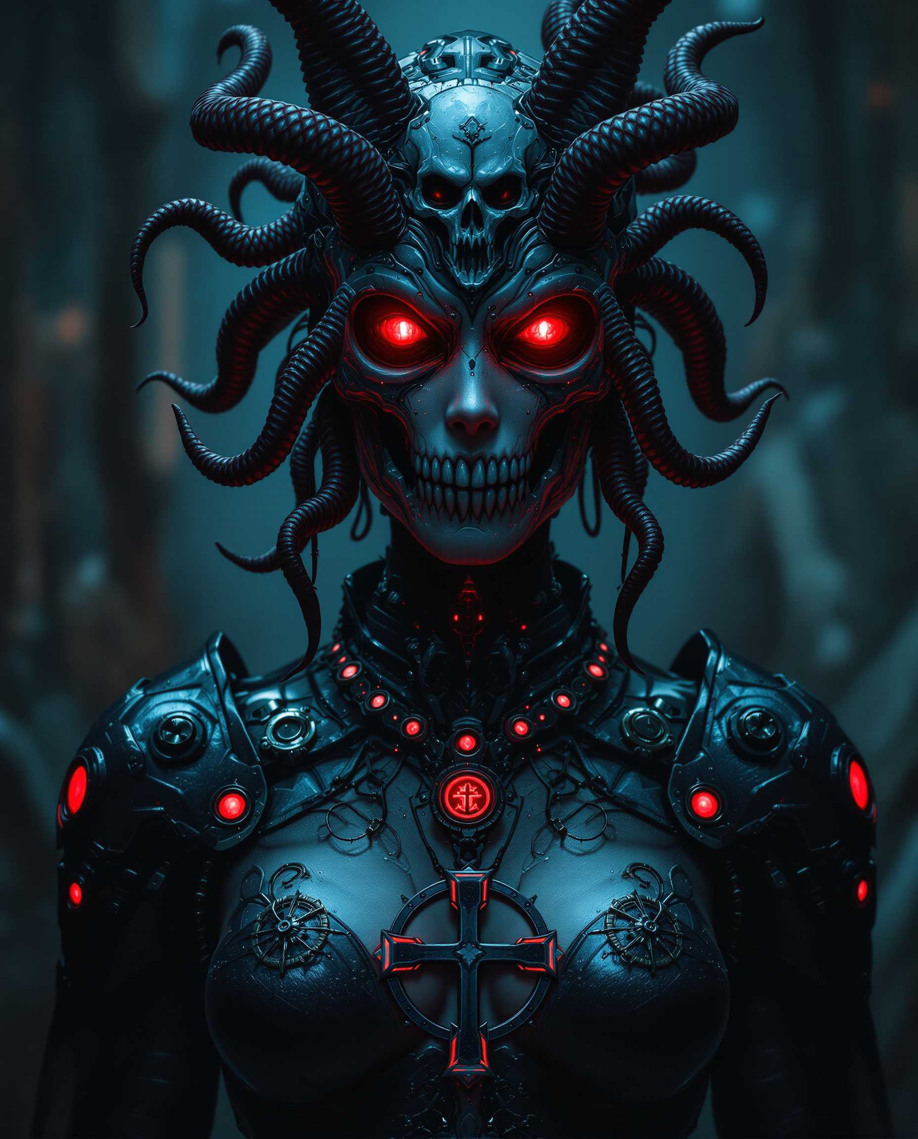 masterpiece, best quality, highres, sharp image, more detail, This image is a realistic photo (photograph) of a female real person digital artwork that presents a figure in a dark fantasy setting. The art style is highly stylized with a cinematic quality, utilizing dramatic lighting and shadow to create a sense of depth and drama. The medium appears to be a digital painting, given the smooth blending of colors and the lack of texture that one might find in traditional mediums.The colors in the image are moody and atmospheric, with a predominance of deep blues and blacks that give the scene a nightmarish, otherworldly quality. Red accents are strategically placed, providing a stark contrast and drawing the viewers eye. These reds are particularly noticeable in the glowing eyes of the figure, the cross pendant on the necklace, and the circular motifs on the headpiece, which stand out against the cool tones and add a sense of ominous power.The objects in the image are numerous and contribute to the overall dark fantasy aesthetic. The figure is adorned with a headpiece that resembles a skull with tentacles, suggesting a connection to the underworld or supernatural forces. The necklace features a cross pendant, which could symbolize faith or perhaps a twisted version of it in the context of the artwork. The figures attire includes a dark, armored bodice with intricate designs, and the shoulder pads are detailed with what appears to be mechanical elements, hinting at a blend of ancient and futuristic elements.The background is intentionally blurred, focusing the viewers attention on the figure and the intricate details of its costume and accessories. The overall effect is one of mystery and foreboding, inviting the viewer to ponder the story behind this enigmatic character.
