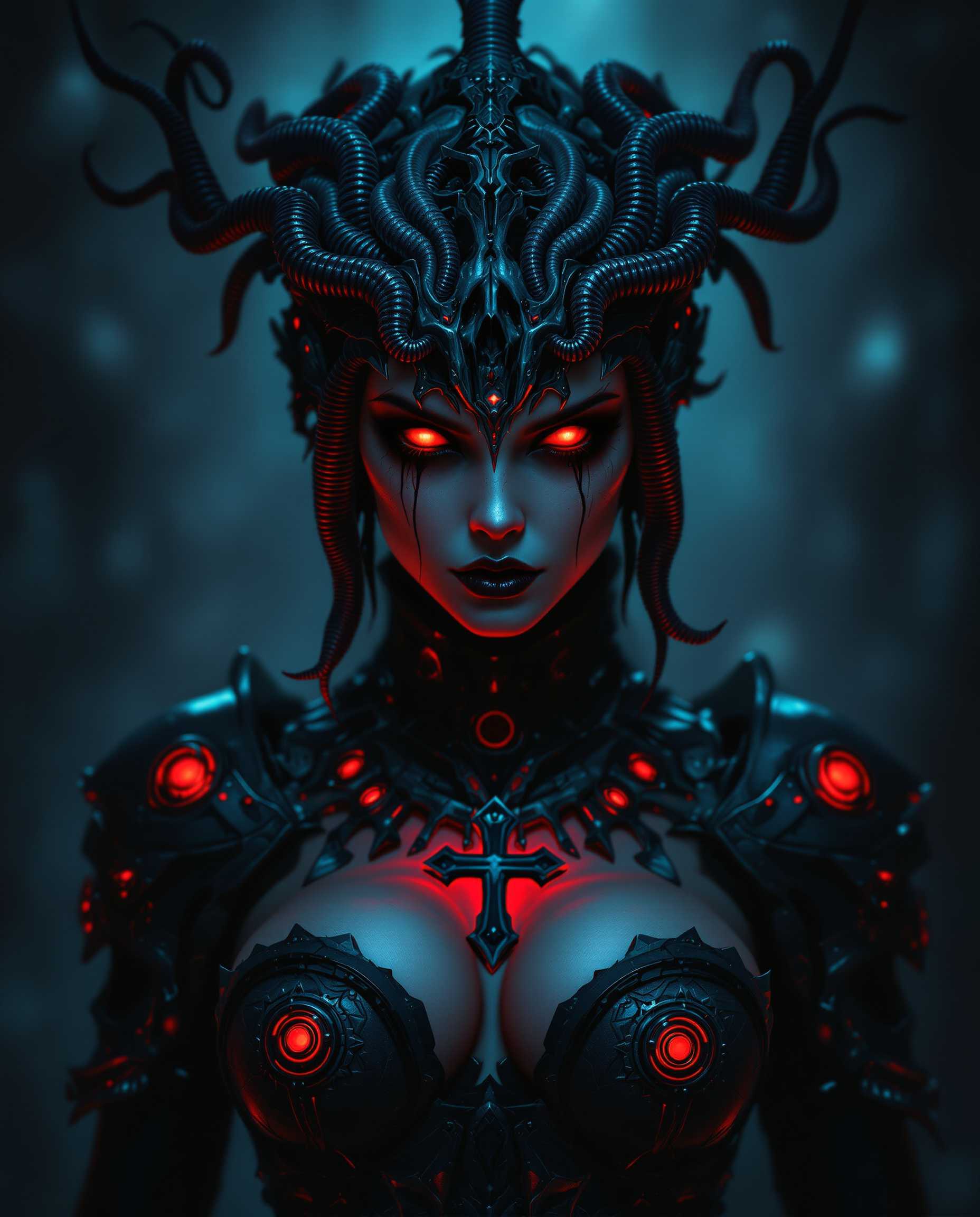 masterpiece, best quality, highres, sharp image, more detail, This image is a realistic photo (photograph) of a female real person digital artwork that presents a figure in a dark fantasy setting. The art style is highly stylized with a cinematic quality, utilizing dramatic lighting and shadow to create a sense of depth and drama. The medium appears to be a digital painting, given the smooth blending of colors and the lack of texture that one might find in traditional mediums.The colors in the image are moody and atmospheric, with a predominance of deep blues and blacks that give the scene a nightmarish, otherworldly quality. Red accents are strategically placed, providing a stark contrast and drawing the viewers eye. These reds are particularly noticeable in the glowing eyes of the figure, the cross pendant on the necklace, and the circular motifs on the headpiece, which stand out against the cool tones and add a sense of ominous power.The objects in the image are numerous and contribute to the overall dark fantasy aesthetic. The figure is adorned with a headpiece that resembles a skull with tentacles, suggesting a connection to the underworld or supernatural forces. The necklace features a cross pendant, which could symbolize faith or perhaps a twisted version of it in the context of the artwork. The figures attire includes a dark, armored bodice with intricate designs, and the shoulder pads are detailed with what appears to be mechanical elements, hinting at a blend of ancient and futuristic elements.The background is intentionally blurred, focusing the viewers attention on the figure and the intricate details of its costume and accessories. The overall effect is one of mystery and foreboding, inviting the viewer to ponder the story behind this enigmatic character.