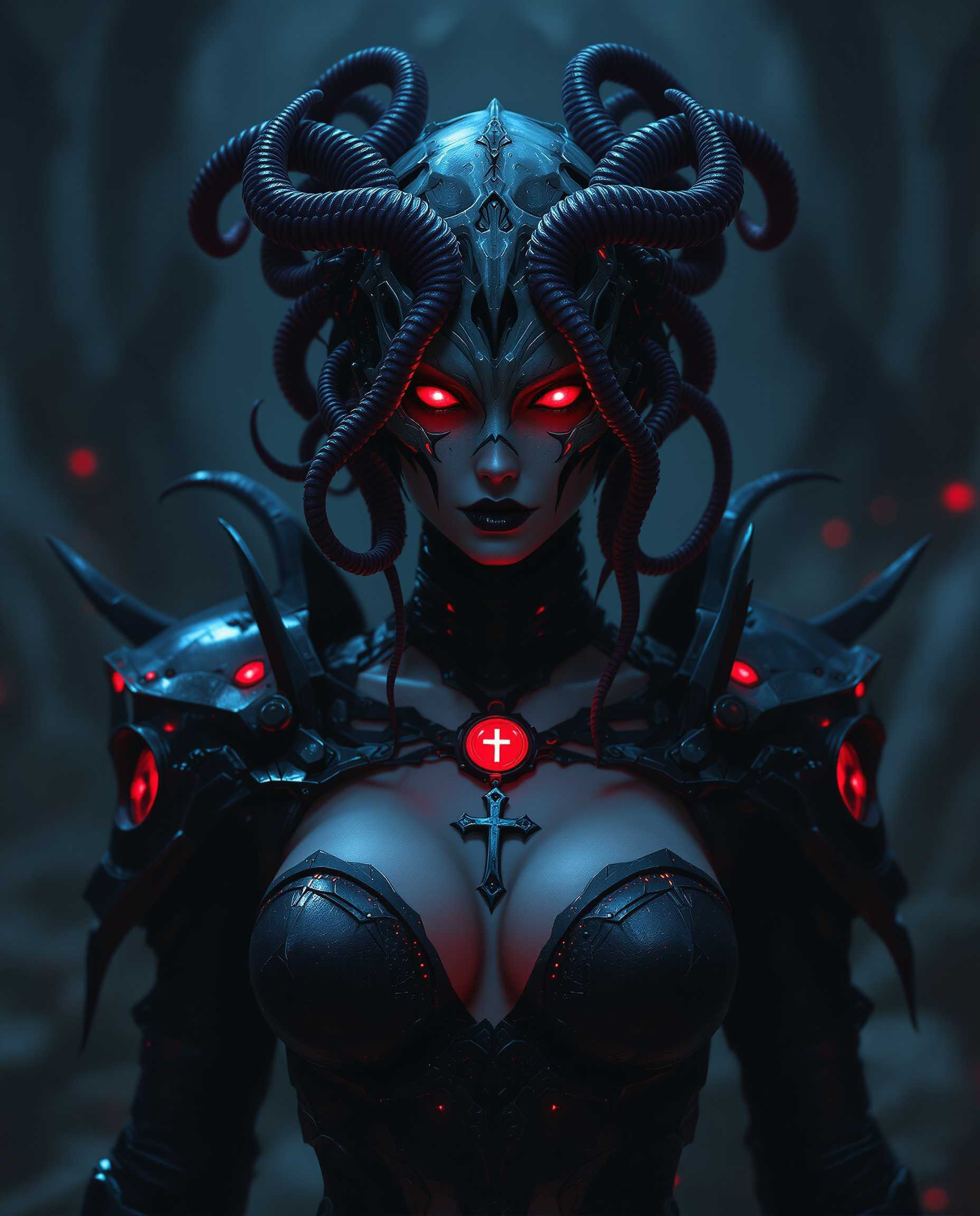 masterpiece, best quality, highres, sharp image, more detail, This image is a realistic photo (photograph) of a female real person digital artwork that presents a figure in a dark fantasy setting. The art style is highly stylized with a cinematic quality, utilizing dramatic lighting and shadow to create a sense of depth and drama. The medium appears to be a digital painting, given the smooth blending of colors and the lack of texture that one might find in traditional mediums.The colors in the image are moody and atmospheric, with a predominance of deep blues and blacks that give the scene a nightmarish, otherworldly quality. Red accents are strategically placed, providing a stark contrast and drawing the viewers eye. These reds are particularly noticeable in the glowing eyes of the figure, the cross pendant on the necklace, and the circular motifs on the headpiece, which stand out against the cool tones and add a sense of ominous power.The objects in the image are numerous and contribute to the overall dark fantasy aesthetic. The figure is adorned with a headpiece that resembles a skull with tentacles, suggesting a connection to the underworld or supernatural forces. The necklace features a cross pendant, which could symbolize faith or perhaps a twisted version of it in the context of the artwork. The figures attire includes a dark, armored bodice with intricate designs, and the shoulder pads are detailed with what appears to be mechanical elements, hinting at a blend of ancient and futuristic elements.The background is intentionally blurred, focusing the viewers attention on the figure and the intricate details of its costume and accessories. The overall effect is one of mystery and foreboding, inviting the viewer to ponder the story behind this enigmatic character.
