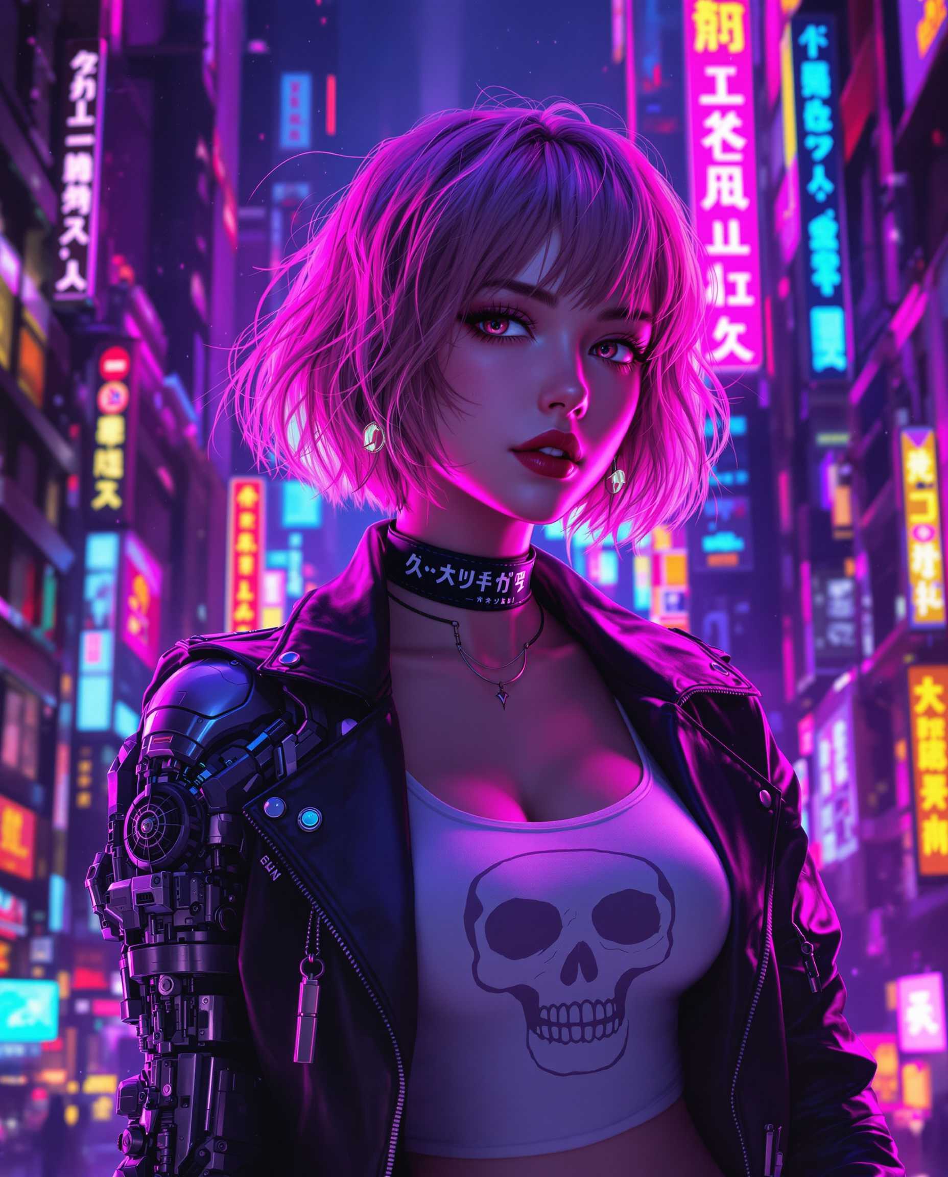 masterpiece, best quality, highres, sharp image, more detail, This image is a realistic photo (photograph) of a female real person digital artwork that captures a cyberpunk aesthetic, characterized by its futuristic and neonlit setting. The art style is highly detailed and realistic, with a focus on the textures and lighting that give the image a threedimensional quality.The medium appears to be a digital painting, utilizing advanced software to create the intricate details and vibrant colors. The image is rich in contrasts and highlights, with a dynamic interplay of light and shadow that adds depth and dimension.The colors in the image are predominantly purples, blues, and pinks, with neon accents that stand out against the darker background. These colors create a moody and atmospheric effect, evoking feelings of mystery and intrigue.The objects in the image are varied and contribute to the cyberpunk theme. The subject is a figure with short, wavy hair that glows with a neon pink hue, suggesting a cybernetic enhancement. The figure is wearing a black leather jacket with a high collar and a choker, which has a similar neon pink glow. The jacket is adorned with what appears to be Asian characters in a stylized font, adding to the cyberpunk vibe.Underneath the jacket, the figure is wearing a white tank top with a graphic design that resembles a skull or a face, contributing to the edgy and rebellious feel of the outfit. The figure also has a mechanical arm attached to its torso, with intricate gears and circuitry visible, further emphasizing the cybernetic aspect of the character.The background of the image is a neonlit cityscape, with towering skyscrapers and signs that emit a variety of colors, including red, blue, yellow, and green. The cityscape is bustling and chaotic, with streaks of light and particles floating through the air, creating a sense of energy and movement.Overall, the image is a compelling blend of futuristic technology, urban decay, and neon aesthetics, encapsulating the essence of cyberpunk in a visually stunning and thoughtprovoking way.