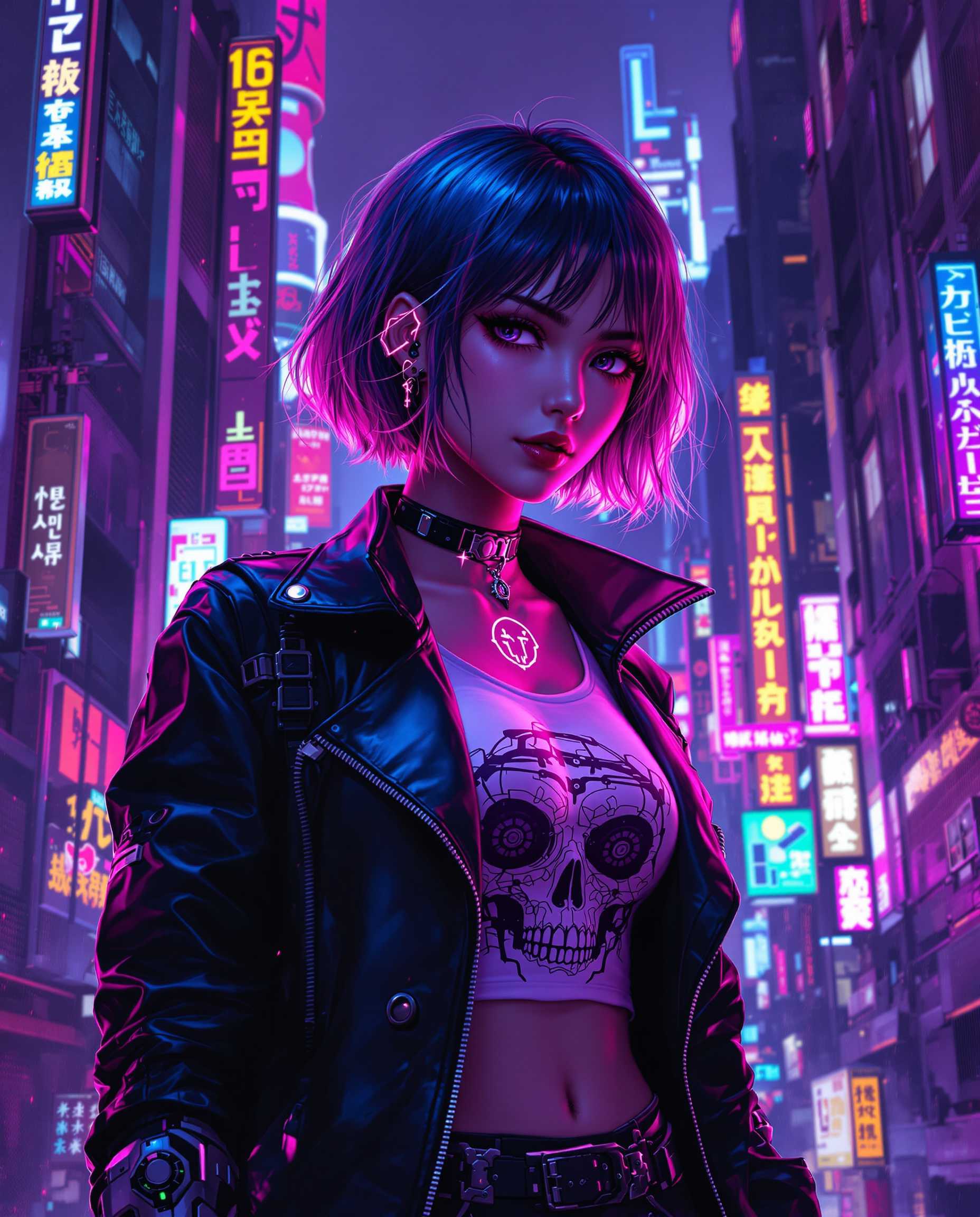 masterpiece, best quality, highres, sharp image, more detail, This image is a realistic photo (photograph) of a female real person digital artwork that captures a cyberpunk aesthetic, characterized by its futuristic and neonlit setting. The art style is highly detailed and realistic, with a focus on the textures and lighting that give the image a threedimensional quality.The medium appears to be a digital painting, utilizing advanced software to create the intricate details and vibrant colors. The image is rich in contrasts and highlights, with a dynamic interplay of light and shadow that adds depth and dimension.The colors in the image are predominantly purples, blues, and pinks, with neon accents that stand out against the darker background. These colors create a moody and atmospheric effect, evoking feelings of mystery and intrigue.The objects in the image are varied and contribute to the cyberpunk theme. The subject is a figure with short, wavy hair that glows with a neon pink hue, suggesting a cybernetic enhancement. The figure is wearing a black leather jacket with a high collar and a choker, which has a similar neon pink glow. The jacket is adorned with what appears to be Asian characters in a stylized font, adding to the cyberpunk vibe.Underneath the jacket, the figure is wearing a white tank top with a graphic design that resembles a skull or a face, contributing to the edgy and rebellious feel of the outfit. The figure also has a mechanical arm attached to its torso, with intricate gears and circuitry visible, further emphasizing the cybernetic aspect of the character.The background of the image is a neonlit cityscape, with towering skyscrapers and signs that emit a variety of colors, including red, blue, yellow, and green. The cityscape is bustling and chaotic, with streaks of light and particles floating through the air, creating a sense of energy and movement.Overall, the image is a compelling blend of futuristic technology, urban decay, and neon aesthetics, encapsulating the essence of cyberpunk in a visually stunning and thoughtprovoking way.