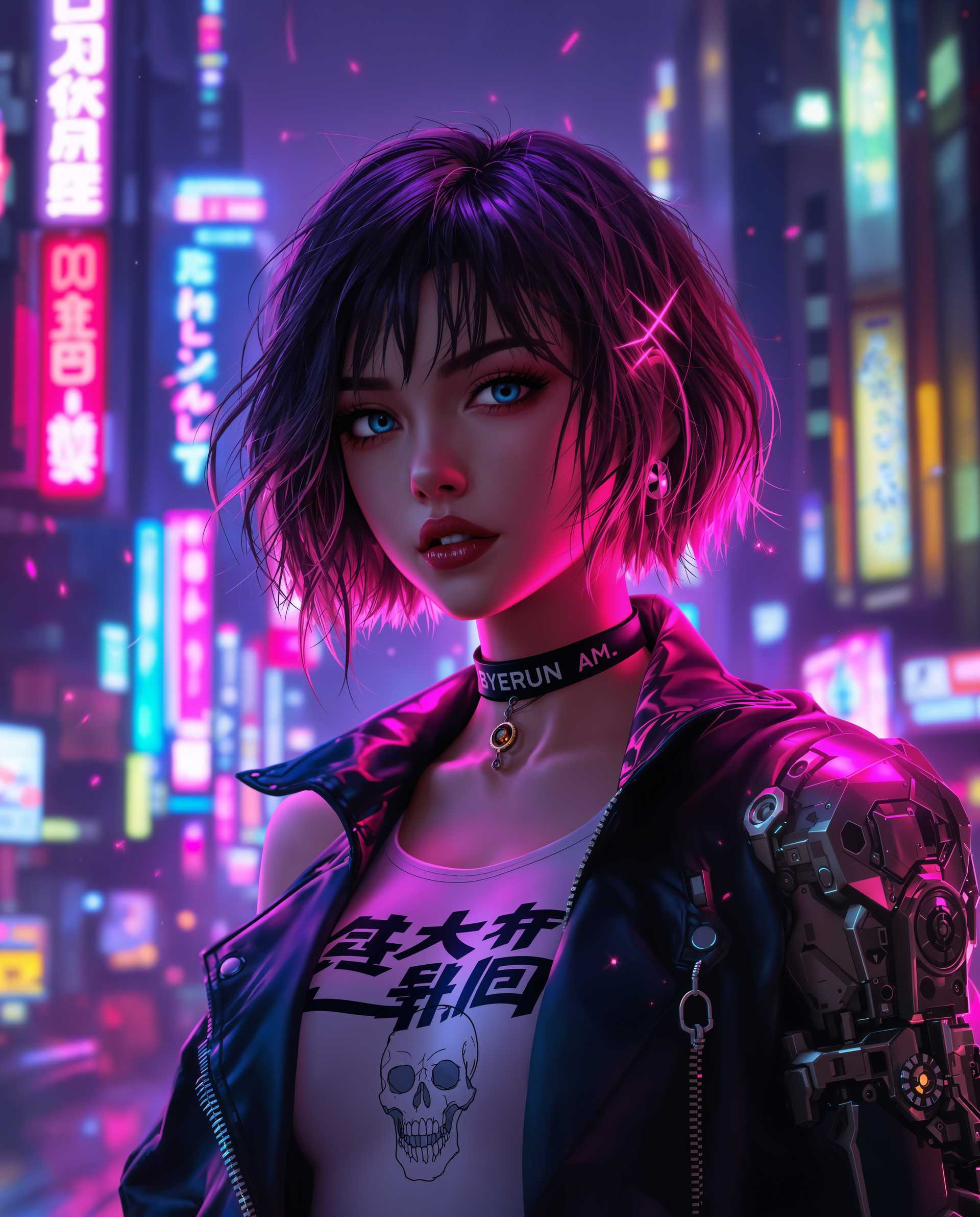 masterpiece, best quality, highres, sharp image, more detail <lora:more_details:0.5> <lora:SDXLrender_v2.0:1>, masterpiece, best quality, highres, sharp image, more detail, This image is a realistic photo (photograph) of a female real person digital artwork that captures a cyberpunk aesthetic, characterized by its futuristic and neonlit setting. The art style is highly detailed and realistic, with a focus on the textures and lighting that give the image a threedimensional quality.The medium appears to be a digital painting, utilizing advanced software to create the intricate details and vibrant colors. The image is rich in contrasts and highlights, with a dynamic interplay of light and shadow that adds depth and dimension.The colors in the image are predominantly purples, blues, and pinks, with neon accents that stand out against the darker background. These colors create a moody and atmospheric effect, evoking feelings of mystery and intrigue.The objects in the image are varied and contribute to the cyberpunk theme. The subject is a figure with short, wavy hair that glows with a neon pink hue, suggesting a cybernetic enhancement. The figure is wearing a black leather jacket with a high collar and a choker, which has a similar neon pink glow. The jacket is adorned with what appears to be Asian characters in a stylized font, adding to the cyberpunk vibe.Underneath the jacket, the figure is wearing a white tank top with a graphic design that resembles a skull or a face, contributing to the edgy and rebellious feel of the outfit. The figure also has a mechanical arm attached to its torso, with intricate gears and circuitry visible, further emphasizing the cybernetic aspect of the character.The background of the image is a neonlit cityscape, with towering skyscrapers and signs that emit a variety of colors, including red, blue, yellow, and green. The cityscape is bustling and chaotic, with streaks of light and particles floating through the air, creating a sense of energy and movement.Overall, the image is a compelling blend of futuristic technology, urban decay, and neon aesthetics, encapsulating the essence of cyberpunk in a visually stunning and thoughtprovoking way.