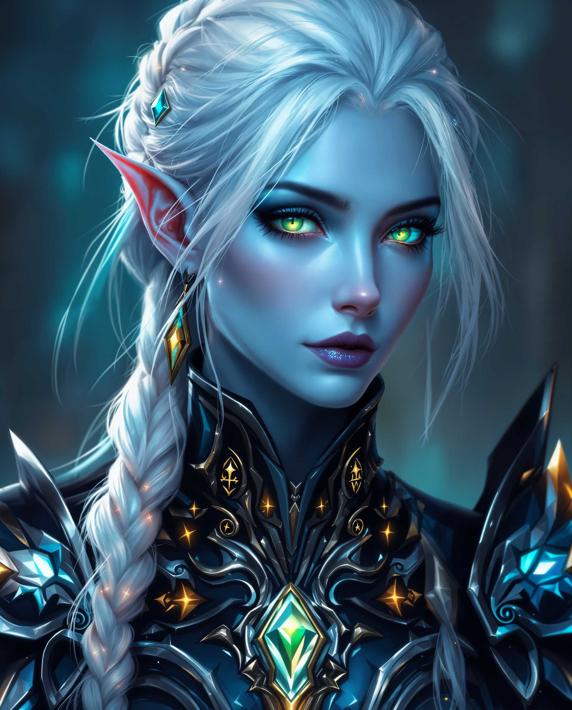 masterpiece, best quality, highres, sharp image, more detail <lora:more_details:0.5> <lora:SDXLrender_v2.0:1>, masterpiece, best quality, highres, sharp image, more detail, This image is a realistic photo (photograph) of a female real person closeup portrayal of a figure that appears to be a fantasy character, possibly from a realm of elves or otherworldly beings. The art style is highly stylized and digital, with a focus on intricate details and a rich, atmospheric color palette.The medium is digital painting, as evidenced by the smooth blending of colors and the lack of texture that would be present in a traditional painting. The use of lighting and shadow is masterful, creating a sense of depth and dimension that brings the character to life.The colors are predominantly cool tones, with shades of blue and teal dominating the palette. These cool colors are accented with touches of warm tones, such as the golden highlights on the armor and jewelry, which add contrast and interest to the image. The use of these colors gives the image a mystical and otherworldly quality.The objects in the image are primarily the characters face and upper body. The character has pale, icy blue skin, and their hair is a silvery white, with hints of blue. The hair is styled in a braid that falls down the side of the figure, adorned with what appears to be glowing jewels or crystals. The characters eyes are a striking shade of green, with a luminescent quality that suggests they may be enchanted or magical.The armor is intricate and detailed, with a mix of metallic and organic elements. It is primarily black with silver and teal accents, and it is adorned with what look like glowing runes or symbols. The armor covers the characters shoulders and chest, with a high collar that frames the neck. There is also a piece of armor that wraps around the characters waist, with a prominent gemstone in the center.Overall, the image is a stunning example of digital fantasy art, with a focus on detailed craftsmanship, atmospheric color use, and a sense of otherworldliness.