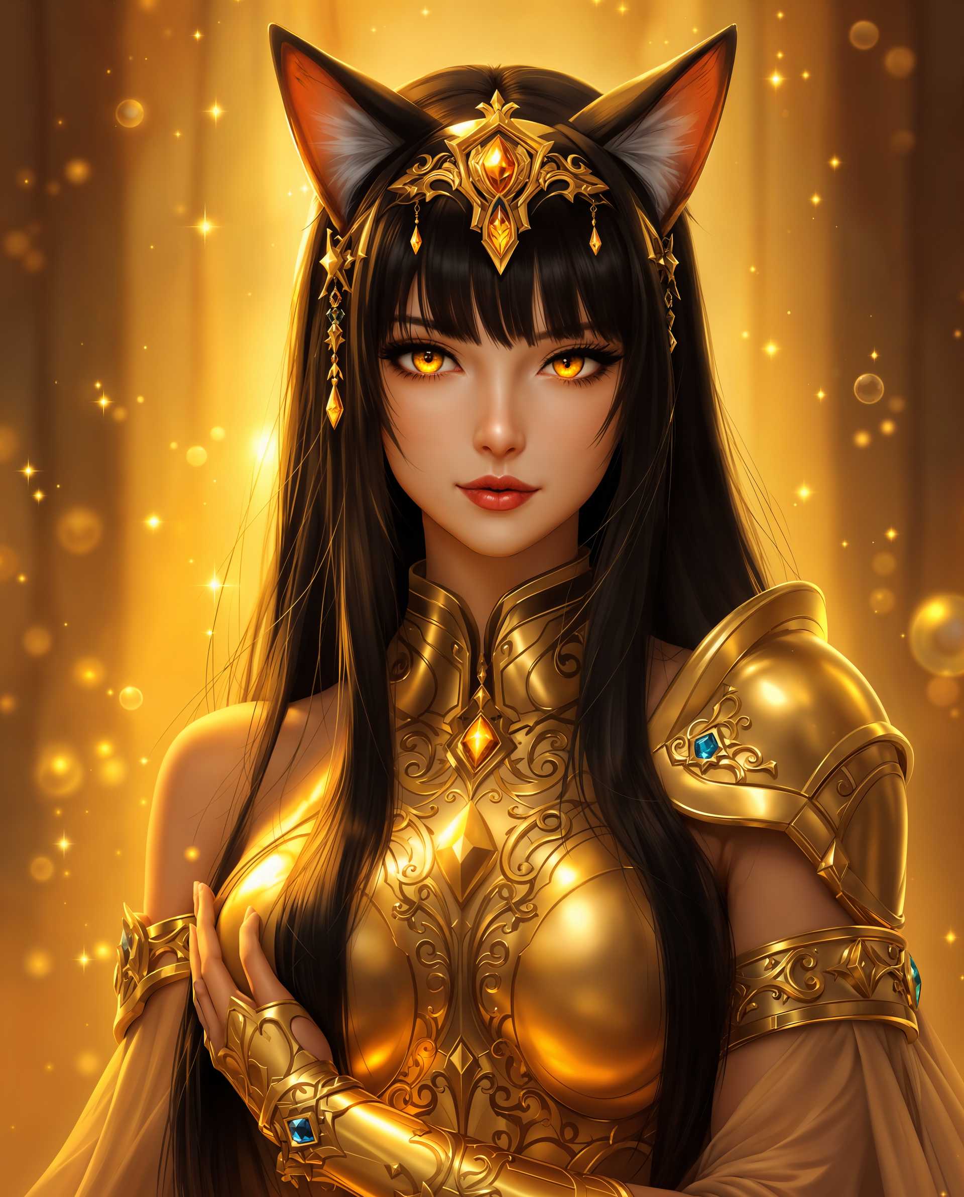 masterpiece, best quality, highres, sharp image, more detail <lora:more_details:0.5> <lora:SDXLrender_v2.0:1>, masterpiece, best quality, highres, sharp image, more detail, This is a realistic photo (photograph) of a female real person image that features a character with a blend of human and feline traits, often referred to as a nekomimi, which is a Japanese term for a catgirl. The character has long, straight black hair with bangs, and her ears are pointed and resemble those of a cat. Her eyes are a warm amber color, and she has a serene and contemplative expression.The art style is digital, with a high level of detail and realism. The medium appears to be a digital painting, given the smooth blending of colors and the absence of brush strokes. The lighting in the image is dramatic, with a warm golden glow that highlights the character and creates a luminous effect around her. The background is a soft, golden light with subtle sparkles and bubbles, which adds to the ethereal quality of the scene.The colors in the image are rich and vibrant, with a predominance of gold, amber, and black. The gold is a warm, metallic gold that gives a sense of luxury and opulence. The amber of the eyes and the bubbles adds a sense of warmth and depth, while the black of the hair provides a stark contrast that emphasizes the characters features.There are several objects in the image that contribute to the overall aesthetic. The character is wearing a golden headband with a teardropshaped gemstone, which complements the golden armorlike garment she is wearing. The garment has a high neckline and is adorned with intricate patterns and designs, giving it a regal and ancient feel. The characters arm is visible, and she is wearing a golden cuff bracelet with a blue gemstone, which adds a touch of color to the otherwise monochromatic scheme.Overall, the image exudes a sense of mystique and elegance, with a strong emphasis on the characters feline features and the rich, warm color palette. The lighting and composition create a sense of depth and movement, drawing the viewers attention to the character and the details of her attire.