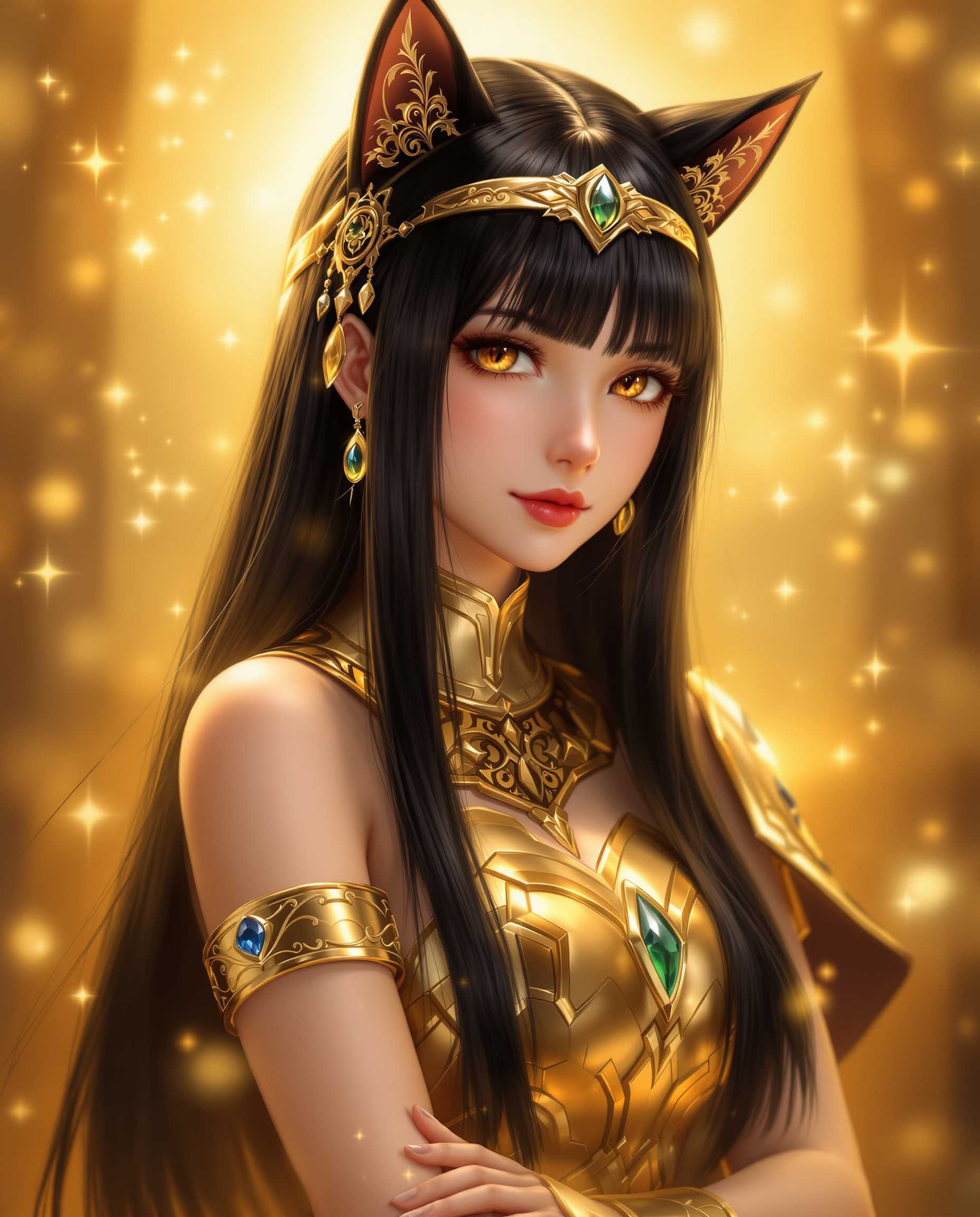 masterpiece, best quality, highres, sharp image, more detail, This is a realistic photo (photograph) of a female real person image that features a character with a blend of human and feline traits, often referred to as a nekomimi, which is a Japanese term for a catgirl. The character has long, straight black hair with bangs, and her ears are pointed and resemble those of a cat. Her eyes are a warm amber color, and she has a serene and contemplative expression.The art style is digital, with a high level of detail and realism. The medium appears to be a digital painting, given the smooth blending of colors and the absence of brush strokes. The lighting in the image is dramatic, with a warm golden glow that highlights the character and creates a luminous effect around her. The background is a soft, golden light with subtle sparkles and bubbles, which adds to the ethereal quality of the scene.The colors in the image are rich and vibrant, with a predominance of gold, amber, and black. The gold is a warm, metallic gold that gives a sense of luxury and opulence. The amber of the eyes and the bubbles adds a sense of warmth and depth, while the black of the hair provides a stark contrast that emphasizes the characters features.There are several objects in the image that contribute to the overall aesthetic. The character is wearing a golden headband with a teardropshaped gemstone, which complements the golden armorlike garment she is wearing. The garment has a high neckline and is adorned with intricate patterns and designs, giving it a regal and ancient feel. The characters arm is visible, and she is wearing a golden cuff bracelet with a blue gemstone, which adds a touch of color to the otherwise monochromatic scheme.Overall, the image exudes a sense of mystique and elegance, with a strong emphasis on the characters feline features and the rich, warm color palette. The lighting and composition create a sense of depth and movement, drawing the viewers attention to the character and the details of her attire.