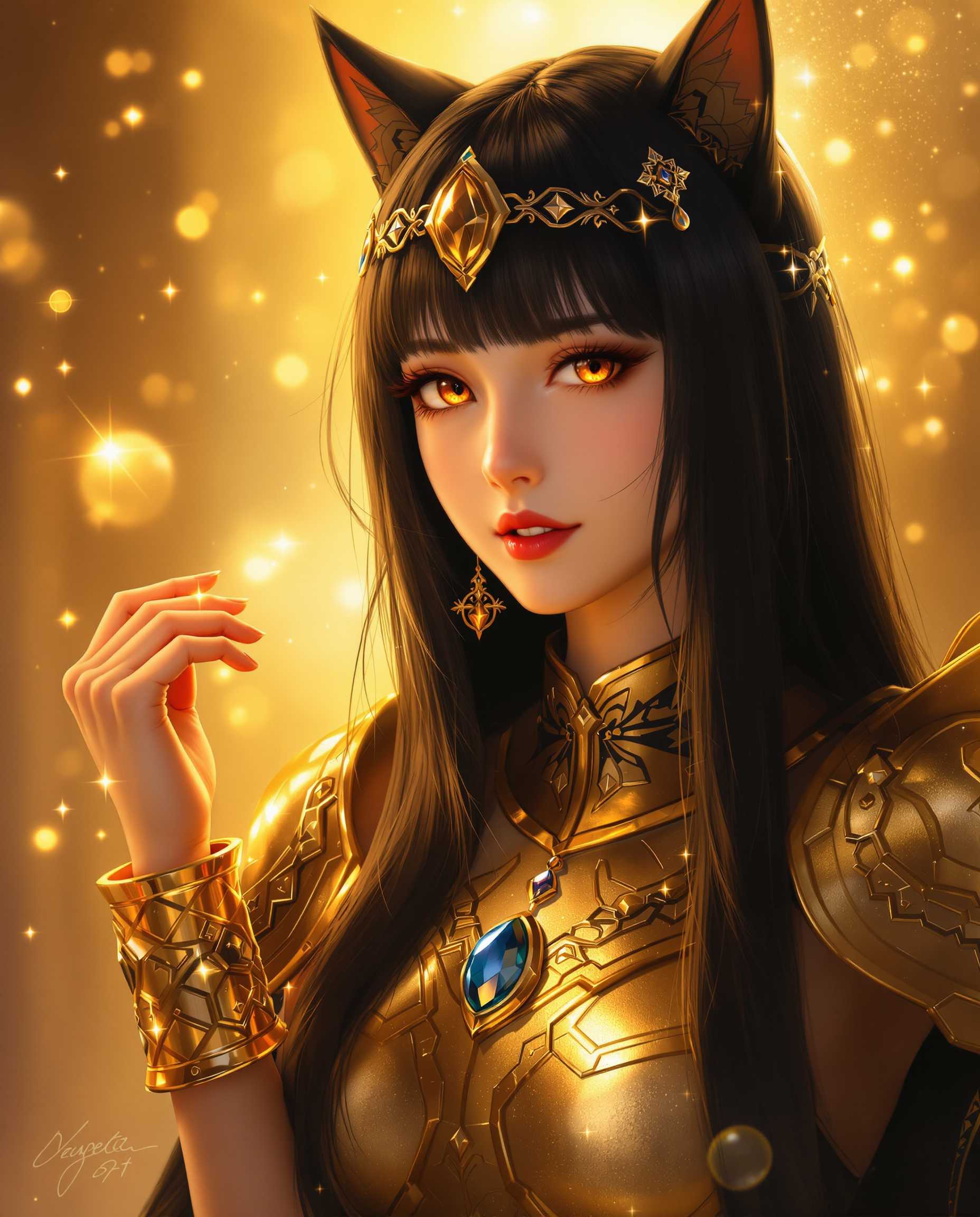 masterpiece, best quality, highres, sharp image, more detail, This is a realistic photo (photograph) of a female real person image that features a character with a blend of human and feline traits, often referred to as a nekomimi, which is a Japanese term for a catgirl. The character has long, straight black hair with bangs, and her ears are pointed and resemble those of a cat. Her eyes are a warm amber color, and she has a serene and contemplative expression.The art style is digital, with a high level of detail and realism. The medium appears to be a digital painting, given the smooth blending of colors and the absence of brush strokes. The lighting in the image is dramatic, with a warm golden glow that highlights the character and creates a luminous effect around her. The background is a soft, golden light with subtle sparkles and bubbles, which adds to the ethereal quality of the scene.The colors in the image are rich and vibrant, with a predominance of gold, amber, and black. The gold is a warm, metallic gold that gives a sense of luxury and opulence. The amber of the eyes and the bubbles adds a sense of warmth and depth, while the black of the hair provides a stark contrast that emphasizes the characters features.There are several objects in the image that contribute to the overall aesthetic. The character is wearing a golden headband with a teardropshaped gemstone, which complements the golden armorlike garment she is wearing. The garment has a high neckline and is adorned with intricate patterns and designs, giving it a regal and ancient feel. The characters arm is visible, and she is wearing a golden cuff bracelet with a blue gemstone, which adds a touch of color to the otherwise monochromatic scheme.Overall, the image exudes a sense of mystique and elegance, with a strong emphasis on the characters feline features and the rich, warm color palette. The lighting and composition create a sense of depth and movement, drawing the viewers attention to the character and the details of her attire.