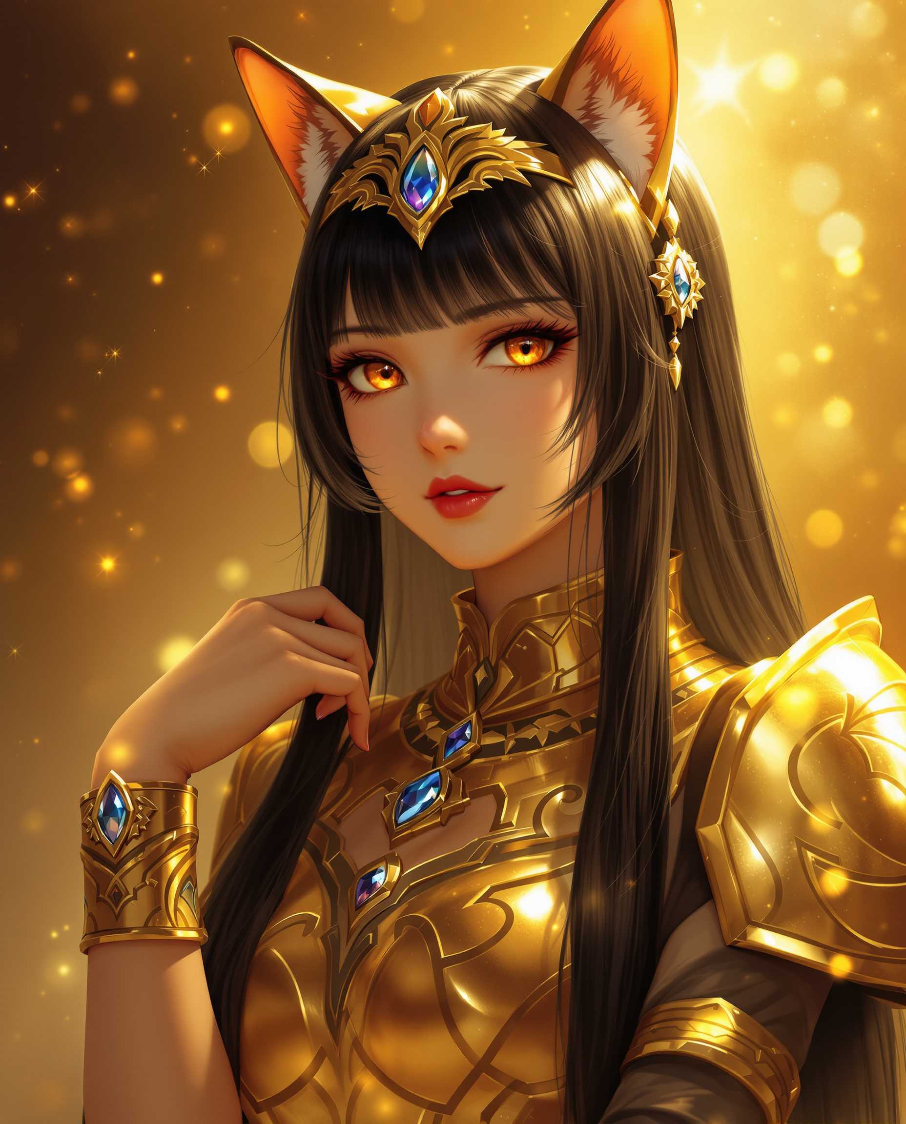 masterpiece, best quality, highres, sharp image, more detail, This is a realistic photo (photograph) of a female real person image that features a character with a blend of human and feline traits, often referred to as a nekomimi, which is a Japanese term for a catgirl. The character has long, straight black hair with bangs, and her ears are pointed and resemble those of a cat. Her eyes are a warm amber color, and she has a serene and contemplative expression.The art style is digital, with a high level of detail and realism. The medium appears to be a digital painting, given the smooth blending of colors and the absence of brush strokes. The lighting in the image is dramatic, with a warm golden glow that highlights the character and creates a luminous effect around her. The background is a soft, golden light with subtle sparkles and bubbles, which adds to the ethereal quality of the scene.The colors in the image are rich and vibrant, with a predominance of gold, amber, and black. The gold is a warm, metallic gold that gives a sense of luxury and opulence. The amber of the eyes and the bubbles adds a sense of warmth and depth, while the black of the hair provides a stark contrast that emphasizes the characters features.There are several objects in the image that contribute to the overall aesthetic. The character is wearing a golden headband with a teardropshaped gemstone, which complements the golden armorlike garment she is wearing. The garment has a high neckline and is adorned with intricate patterns and designs, giving it a regal and ancient feel. The characters arm is visible, and she is wearing a golden cuff bracelet with a blue gemstone, which adds a touch of color to the otherwise monochromatic scheme.Overall, the image exudes a sense of mystique and elegance, with a strong emphasis on the characters feline features and the rich, warm color palette. The lighting and composition create a sense of depth and movement, drawing the viewers attention to the character and the details of her attire.