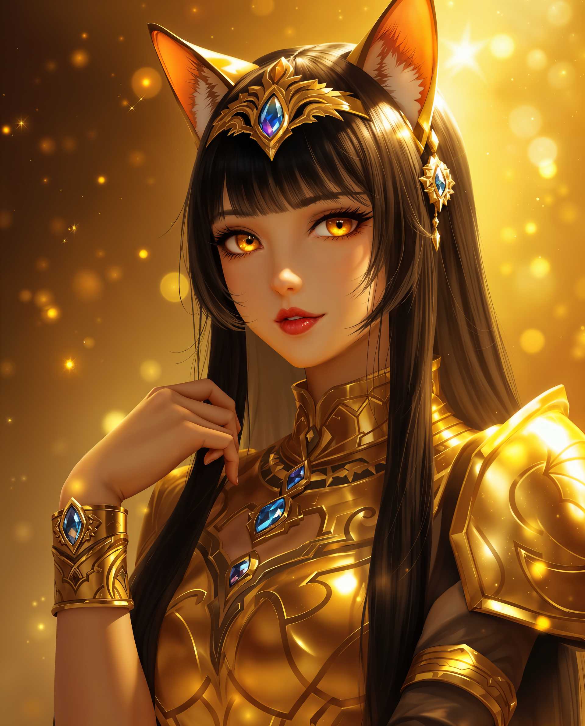 masterpiece, best quality, highres, sharp image, more detail <lora:more_details:0.5> <lora:SDXLrender_v2.0:1>, masterpiece, best quality, highres, sharp image, more detail, This is a realistic photo (photograph) of a female real person image that features a character with a blend of human and feline traits, often referred to as a nekomimi, which is a Japanese term for a catgirl. The character has long, straight black hair with bangs, and her ears are pointed and resemble those of a cat. Her eyes are a warm amber color, and she has a serene and contemplative expression.The art style is digital, with a high level of detail and realism. The medium appears to be a digital painting, given the smooth blending of colors and the absence of brush strokes. The lighting in the image is dramatic, with a warm golden glow that highlights the character and creates a luminous effect around her. The background is a soft, golden light with subtle sparkles and bubbles, which adds to the ethereal quality of the scene.The colors in the image are rich and vibrant, with a predominance of gold, amber, and black. The gold is a warm, metallic gold that gives a sense of luxury and opulence. The amber of the eyes and the bubbles adds a sense of warmth and depth, while the black of the hair provides a stark contrast that emphasizes the characters features.There are several objects in the image that contribute to the overall aesthetic. The character is wearing a golden headband with a teardropshaped gemstone, which complements the golden armorlike garment she is wearing. The garment has a high neckline and is adorned with intricate patterns and designs, giving it a regal and ancient feel. The characters arm is visible, and she is wearing a golden cuff bracelet with a blue gemstone, which adds a touch of color to the otherwise monochromatic scheme.Overall, the image exudes a sense of mystique and elegance, with a strong emphasis on the characters feline features and the rich, warm color palette. The lighting and composition create a sense of depth and movement, drawing the viewers attention to the character and the details of her attire.