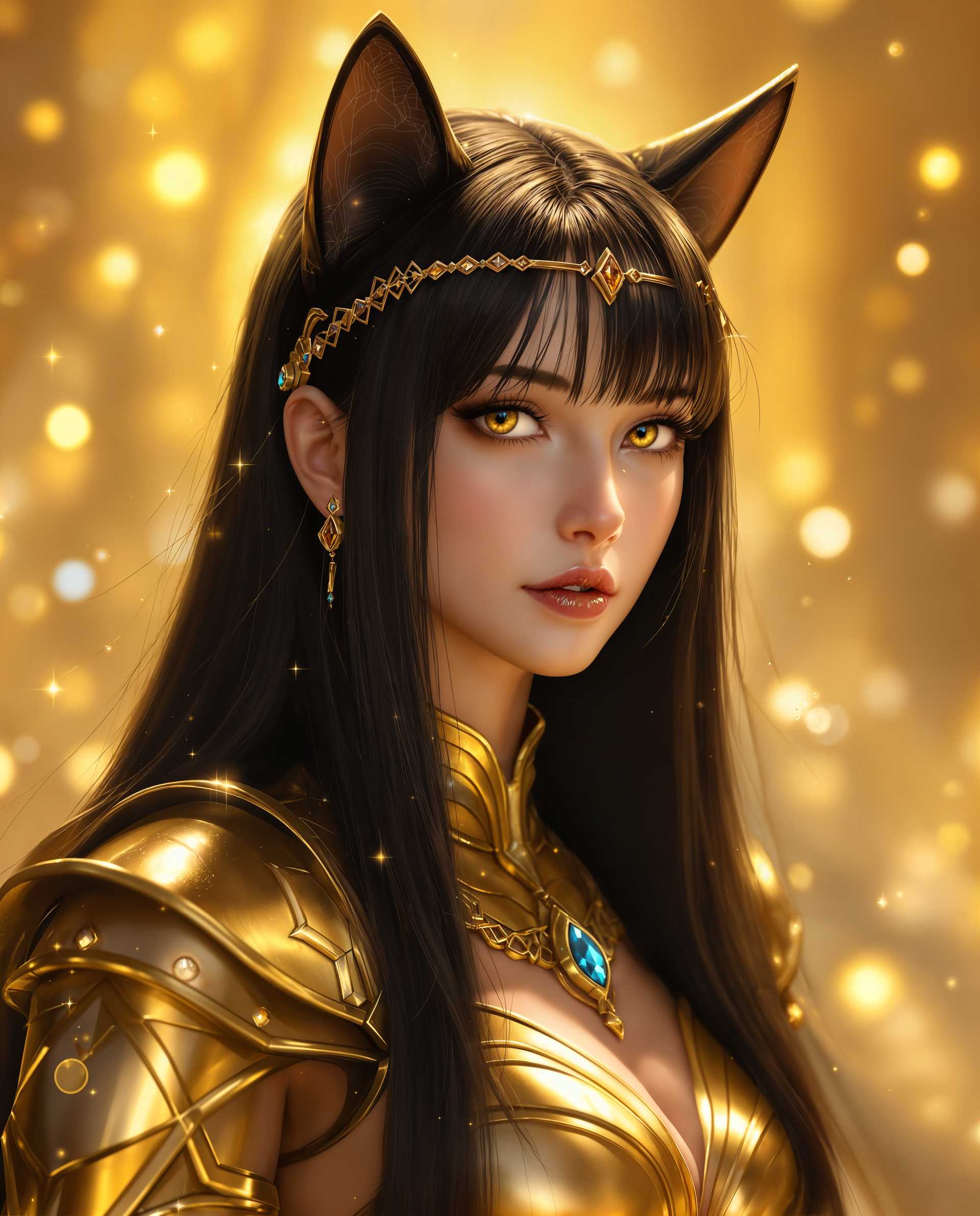 masterpiece, best quality, highres, sharp image, more detail <lora:more_details:0.5> <lora:SDXLrender_v2.0:1>, masterpiece, best quality, highres, sharp image, more detail, A photorealistic digital painting of a serene catgirl with human and feline traits, featuring long, straight black hair with bangs and pointed cat-like ears, her warm amber eyes reflecting a contemplative expression. Dramatic golden lighting casts a luminous glow around her, enhancing the ethereal soft golden background with subtle sparkles and bubbles, while she wears intricate golden armor with a high neckline, a teardrop gemstone headband, and a golden cuff with a blue gemstone. The rich palette of metallic gold, amber, and stark black creates a luxurious, mystical atmosphere with cinematic depth and 8K detail.