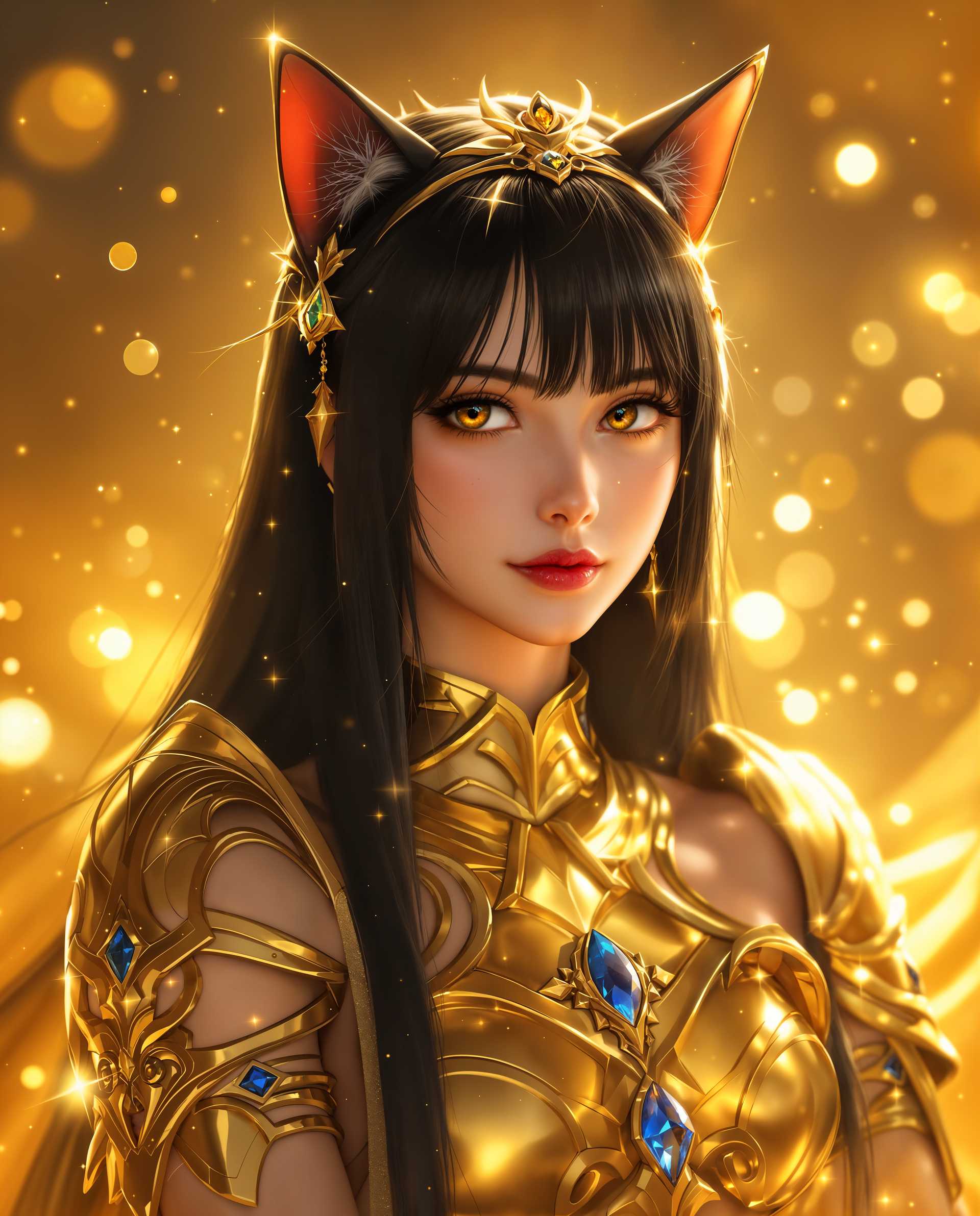 masterpiece, best quality, highres, sharp image, more detail <lora:more_details:0.5> <lora:SDXLrender_v2.0:1>, masterpiece, best quality, highres, sharp image, more detail, A photorealistic digital painting of a serene catgirl with human and feline traits, featuring long, straight black hair with bangs and pointed cat-like ears, her warm amber eyes reflecting a contemplative expression. Dramatic golden lighting casts a luminous glow around her, enhancing the ethereal soft golden background with subtle sparkles and bubbles, while she wears intricate golden armor with a high neckline, a teardrop gemstone headband, and a golden cuff with a blue gemstone. The rich palette of metallic gold, amber, and stark black creates a luxurious, mystical atmosphere with cinematic depth and 8K detail.