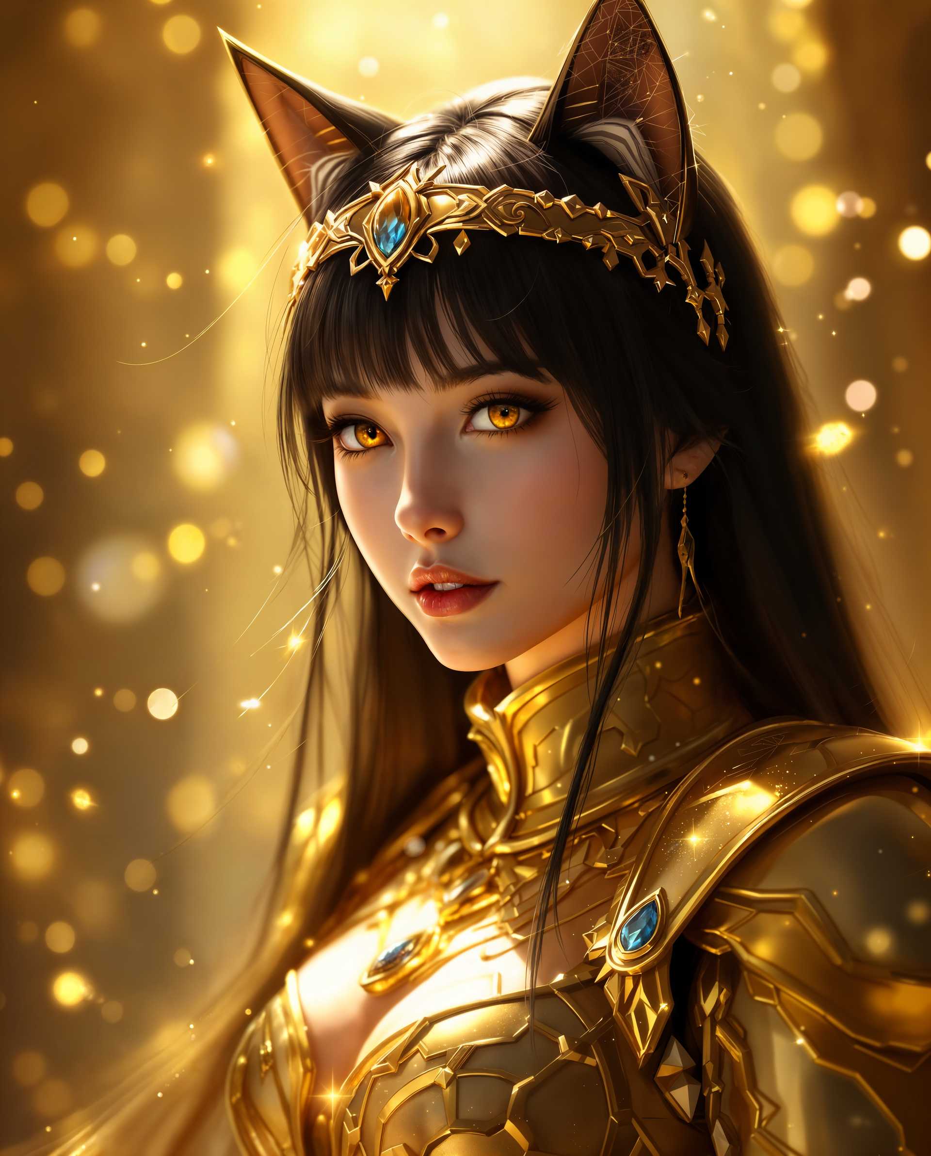 masterpiece, best quality, highres, sharp image, more detail <lora:more_details:0.5> <lora:SDXLrender_v2.0:1>, masterpiece, best quality, highres, sharp image, more detail, A photorealistic digital painting of a serene catgirl with human and feline traits, featuring long, straight black hair with bangs and pointed cat-like ears, her warm amber eyes reflecting a contemplative expression. Dramatic golden lighting casts a luminous glow around her, enhancing the ethereal soft golden background with subtle sparkles and bubbles, while she wears intricate golden armor with a high neckline, a teardrop gemstone headband, and a golden cuff with a blue gemstone. The rich palette of metallic gold, amber, and stark black creates a luxurious, mystical atmosphere with cinematic depth and 8K detail.