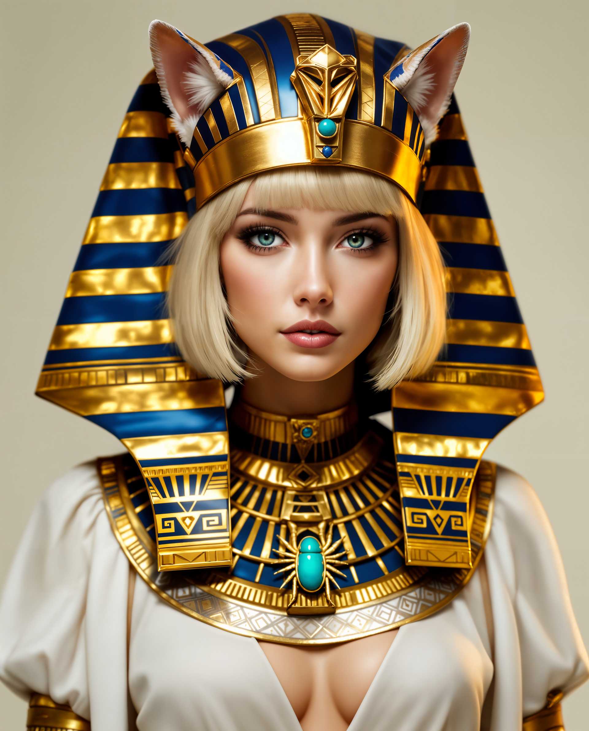 masterpiece, best quality, highres, sharp image, more detail <lora:more_details:0.5> <lora:SDXLrender_v2.0:1>, masterpiece, best quality, highres, sharp image, more detail, This image is a realistic photo (photograph) of a female real person digital artwork that depicts a figure adorned in an elaborate Egyptian inspired costume. The art style is highly detailed and realistic, with a focus on textures and lighting that give the image a lifelike quality.The medium appears to be a digital painting, as evidenced by the smooth blending of colors and the absence of brush strokes. The colors are rich and vibrant, with a predominance of gold, blue, and white. The gold is a deep, metallic gold with a high sheen, while the blue is a deep, royal blue with a hint of turquoise. The white is a pure, offwhite that contrasts beautifully with the gold and blue.The figure is wearing a headdress that is reminiscent of ancient Egyptian royal headdresses, with a striped pattern in alternating shades of blue and gold. The headdress is adorned with what appear to be animal ears, possibly feline, which add a unique and fantastical element to the costume. The figures hair is styled in a short, bob cut with bangs, and it has a light blonde or sandy hue.The figure is also wearing a necklace with a prominent pendant, which is a stylized representation of a scarab beetle, a symbol of rebirth and transformation in ancient Egyptian culture. The necklace is intricately designed with gold and blue elements, and it sits prominently against the figures chest.The figures attire includes a white garment with a high neckline and delicate folds that drape over the shoulders. The garment is adorned with gold trim and patterns, which echo the design of the necklace and headdress.Overall, the image exudes a sense of ancient Egyptian royalty and mystique, with a touch of fantasy added by the animal ears and the stylized scarab beetle pendant. The attention to detail in the costume and the lifelike rendering of the figures skin and hair texture contribute to the overall realism and beauty of the artwork.