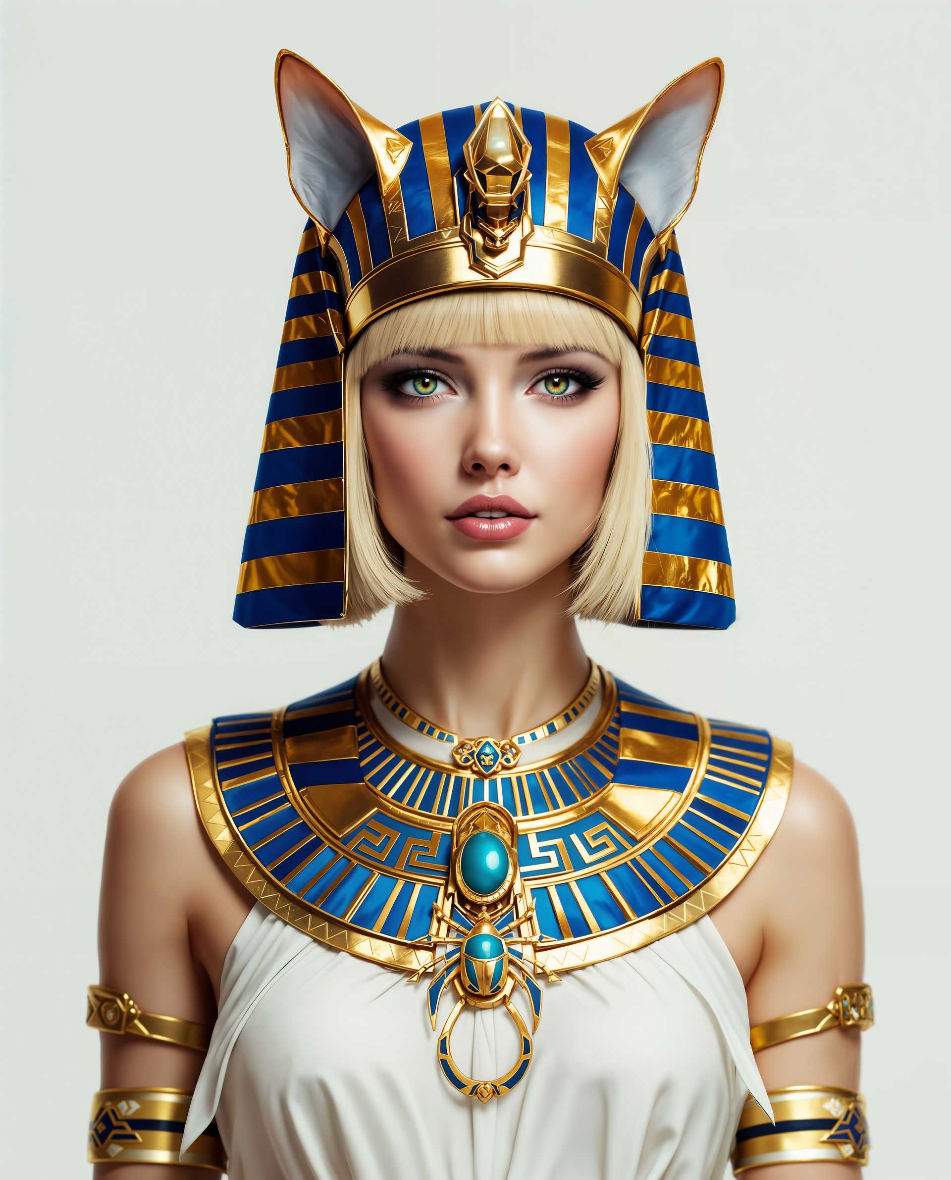 masterpiece, best quality, highres, sharp image, more detail <lora:more_details:0.5> <lora:SDXLrender_v2.0:1>, masterpiece, best quality, highres, sharp image, more detail, This image is a realistic photo (photograph) of a female real person digital artwork that depicts a figure adorned in an elaborate Egyptian inspired costume. The art style is highly detailed and realistic, with a focus on textures and lighting that give the image a lifelike quality.The medium appears to be a digital painting, as evidenced by the smooth blending of colors and the absence of brush strokes. The colors are rich and vibrant, with a predominance of gold, blue, and white. The gold is a deep, metallic gold with a high sheen, while the blue is a deep, royal blue with a hint of turquoise. The white is a pure, offwhite that contrasts beautifully with the gold and blue.The figure is wearing a headdress that is reminiscent of ancient Egyptian royal headdresses, with a striped pattern in alternating shades of blue and gold. The headdress is adorned with what appear to be animal ears, possibly feline, which add a unique and fantastical element to the costume. The figures hair is styled in a short, bob cut with bangs, and it has a light blonde or sandy hue.The figure is also wearing a necklace with a prominent pendant, which is a stylized representation of a scarab beetle, a symbol of rebirth and transformation in ancient Egyptian culture. The necklace is intricately designed with gold and blue elements, and it sits prominently against the figures chest.The figures attire includes a white garment with a high neckline and delicate folds that drape over the shoulders. The garment is adorned with gold trim and patterns, which echo the design of the necklace and headdress.Overall, the image exudes a sense of ancient Egyptian royalty and mystique, with a touch of fantasy added by the animal ears and the stylized scarab beetle pendant. The attention to detail in the costume and the lifelike rendering of the figures skin and hair texture contribute to the overall realism and beauty of the artwork.